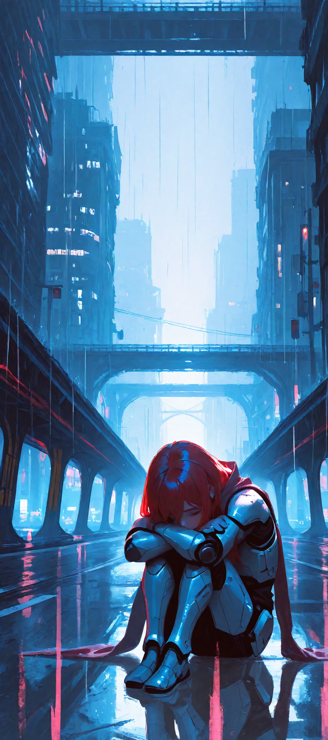 Une femme aux longs cheveux roux, vêtue d’une armure futuriste blanche et noire, est assise, recroquevillée sur le sol, sous un pont dans une ville cyberpunk pluvieuse et illuminée par des néons. Elle a la tête baissée, dans une pose mélancolique.