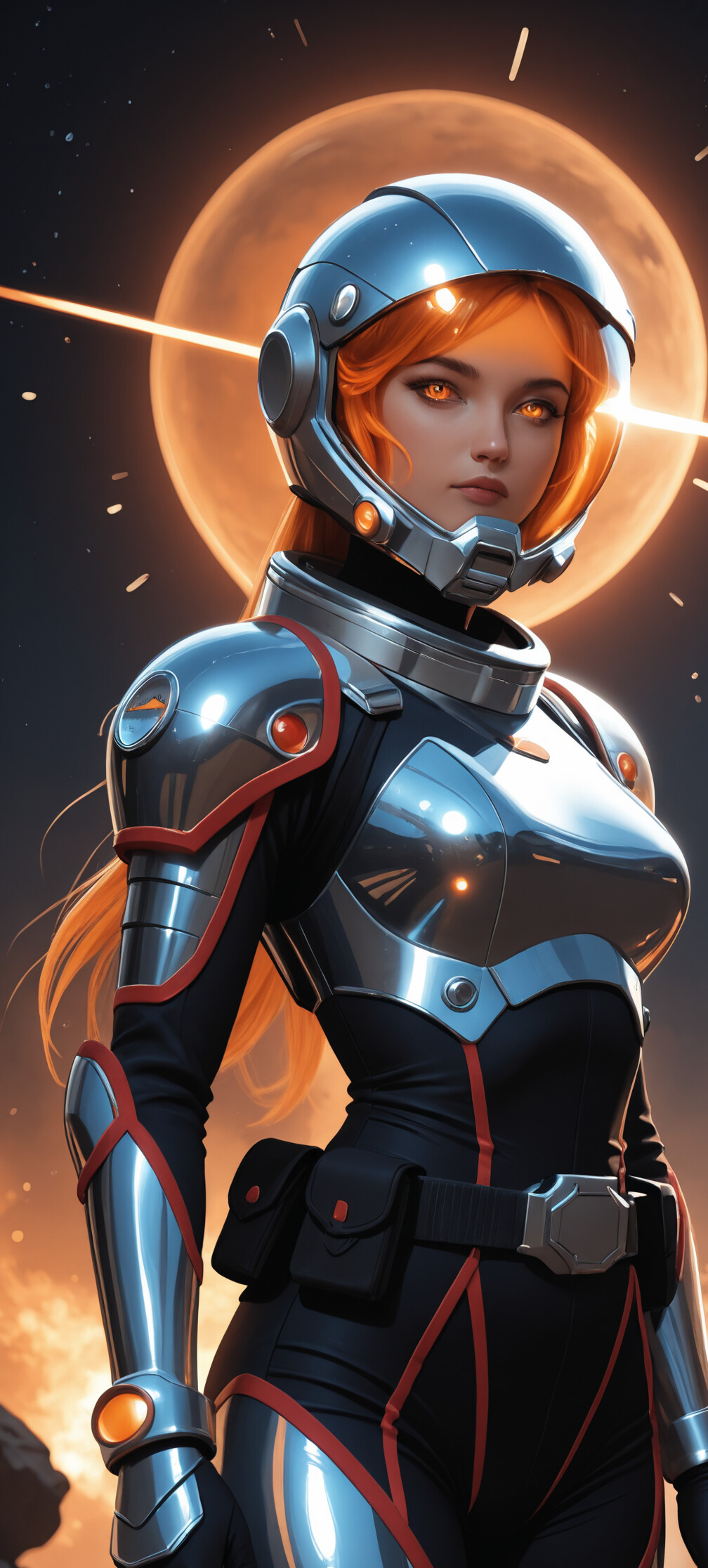 Une illustration numérique représentant une femme aux cheveux orange vif et aux yeux dorés, portant une combinaison spatiale futuriste argentée et noire, dotée d’un casque transparent en forme de bulle. Elle est représentée sur un fond sombre, évoquant la surface d’une planète en pleine bataille, avec des explosions et une étoile brillante qui illumine le ciel.