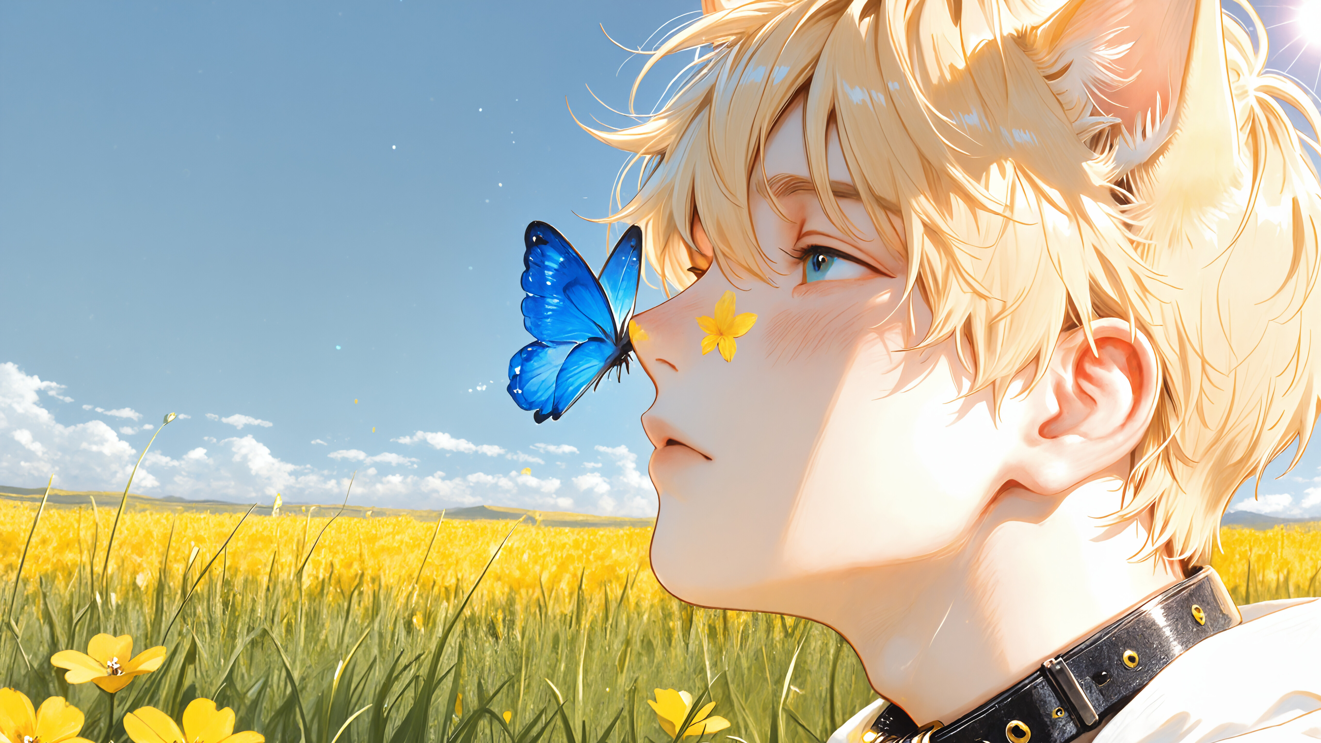 Une illustration de style manga représentant un jeune homme aux cheveux blonds et aux oreilles de chat, de profil. Il se trouve dans un champ ensoleillé, parsemé de fleurs jaunes, et regarde un papillon bleu qui vole près de son visage. Il porte un collier noir et une chemise blanche.