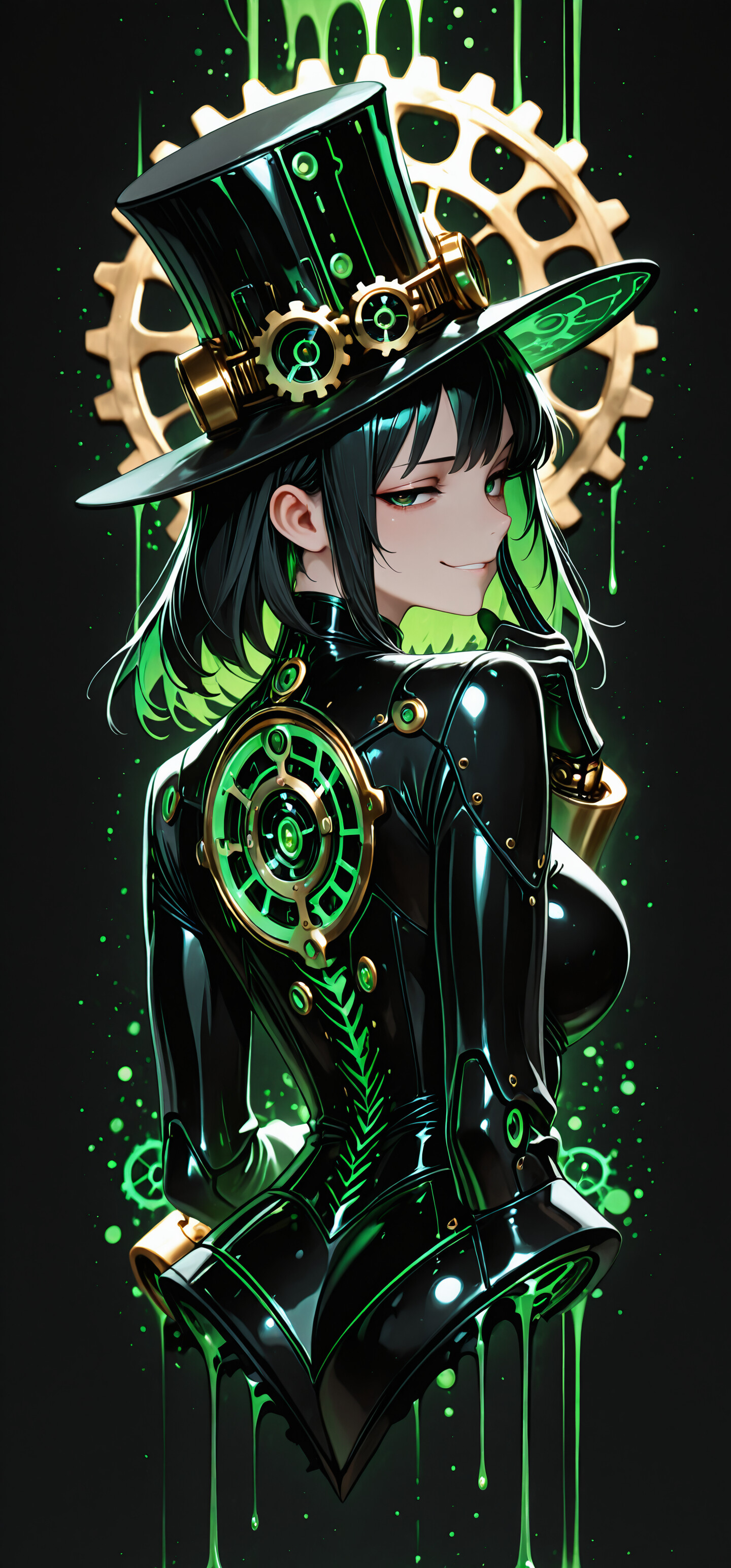 Un personnage de style manga, avec de courts cheveux noirs et verts phosphorescents, se retourne et affiche un sourire narquois. Elle porte une tenue de style steampunk noire et un haut-de-forme débordant d’une substance verte et lumineuse qui coule.