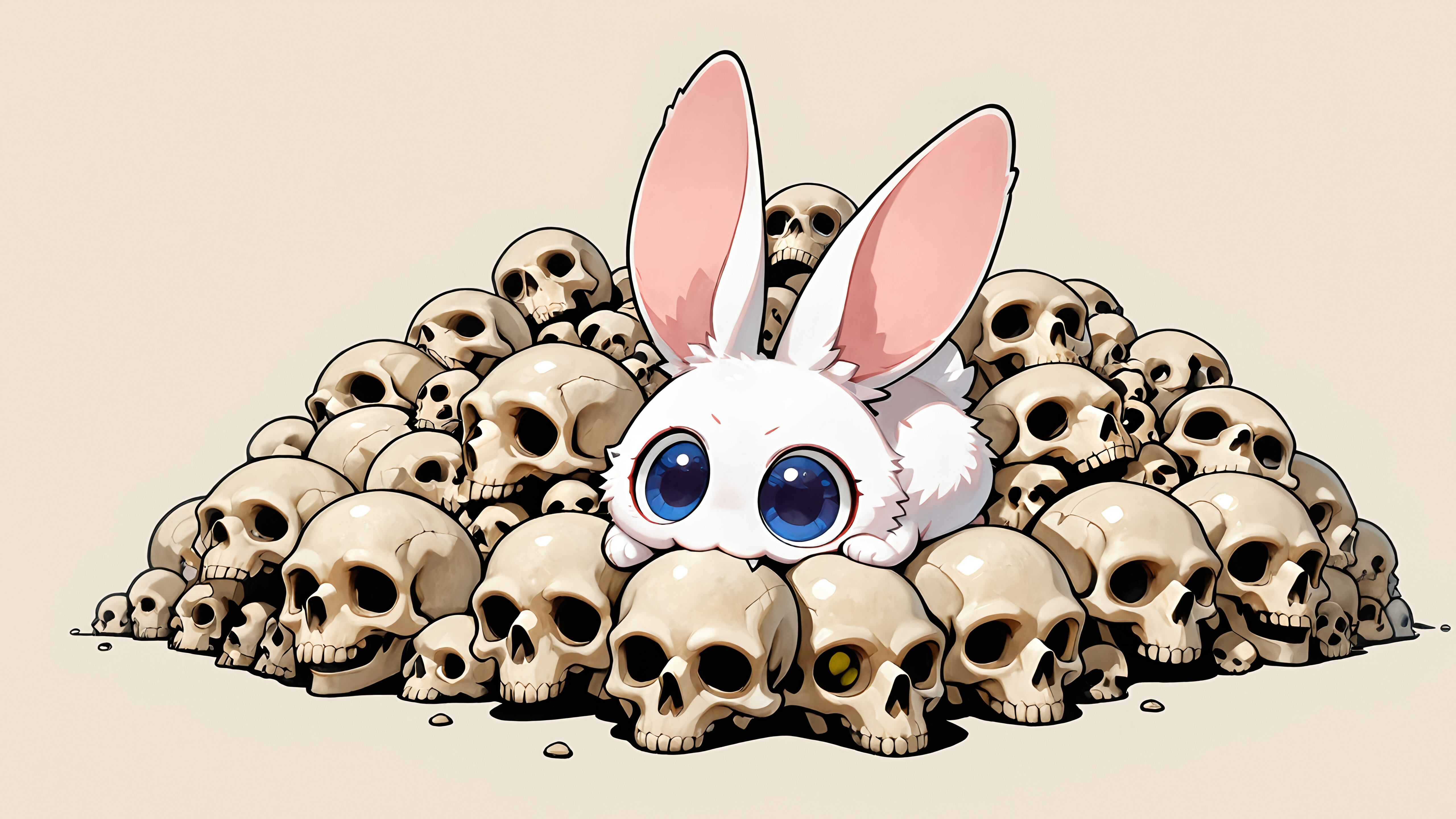 Un adorable lapin blanc, dessiné dans un style « chibi », avec de grands yeux rouges et des crocs, qui mord un crâne humain tout en étant assis sur un grand tas d’autres crânes.