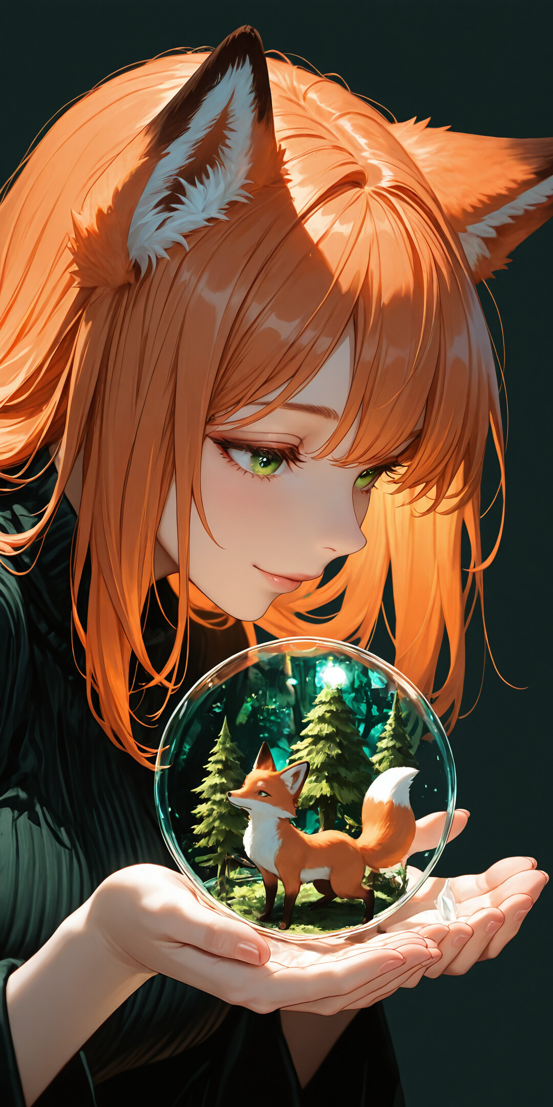 Une illustration de style manga représentant une jeune fille renarde aux cheveux orange et aux yeux verts, tenant une sphère de verre contenant une forêt miniature, accompagnée d’un grand renard.