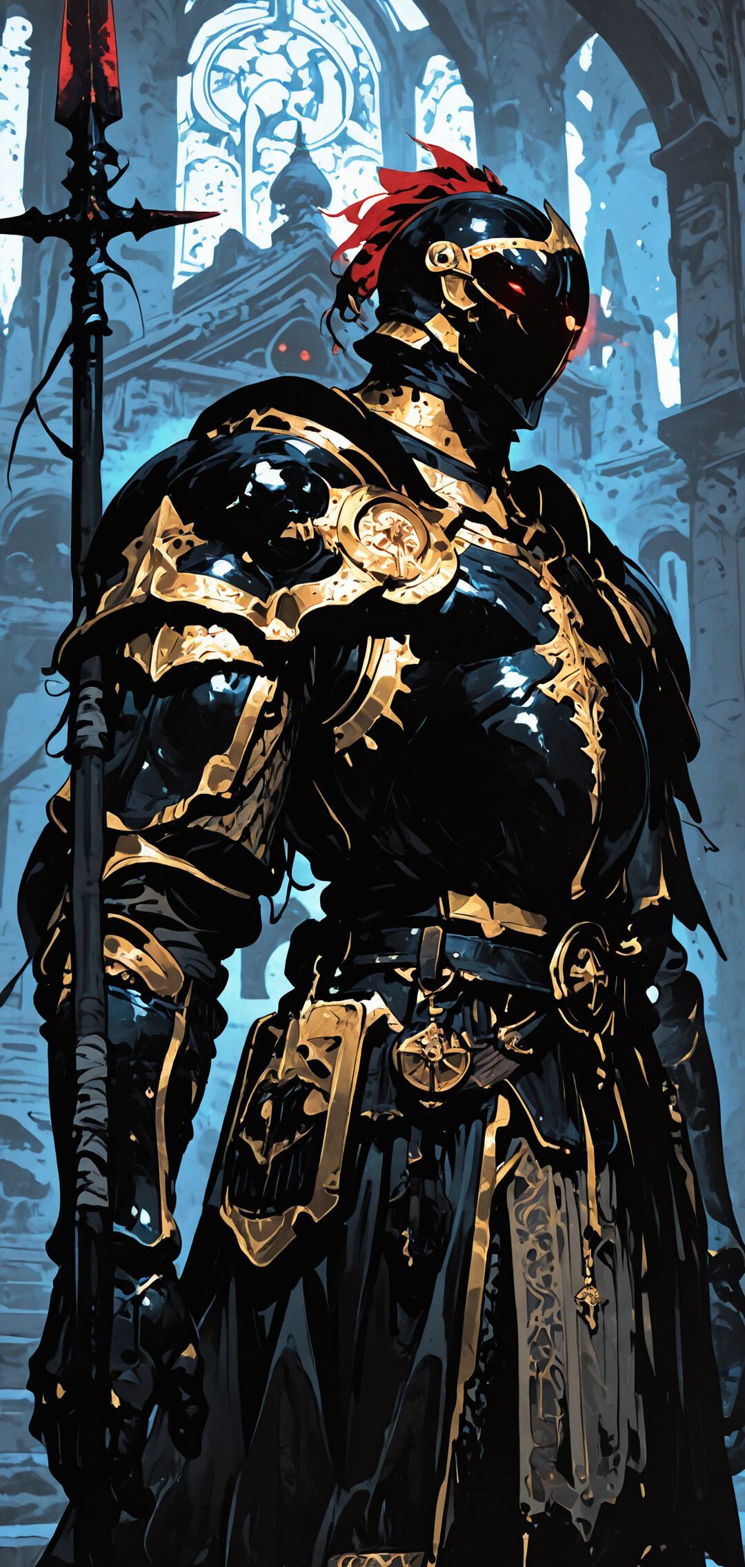 Un chevalier de haute stature, revêtu d’une armure noire et dorée somptueuse, avec des yeux rougeoyants, tenant une grande lance et se tenant debout à l’intérieur d’un temple de pierre, éclairé par un projecteur rouge saisissant.