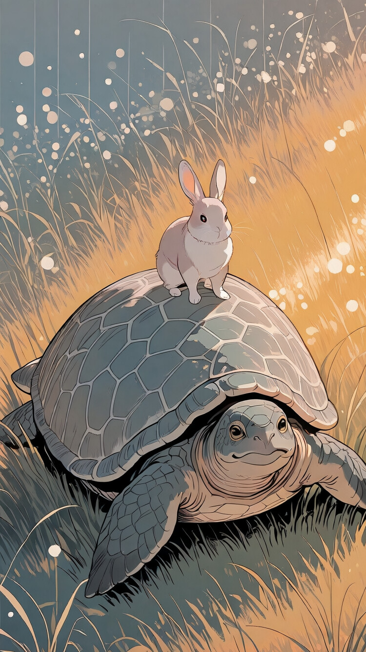 Une illustration moderne, dans le style des mangas, représentant un adorable lapin debout sur le dos d’une grande tortue, alors qu’ils traversent un champ herbeux.