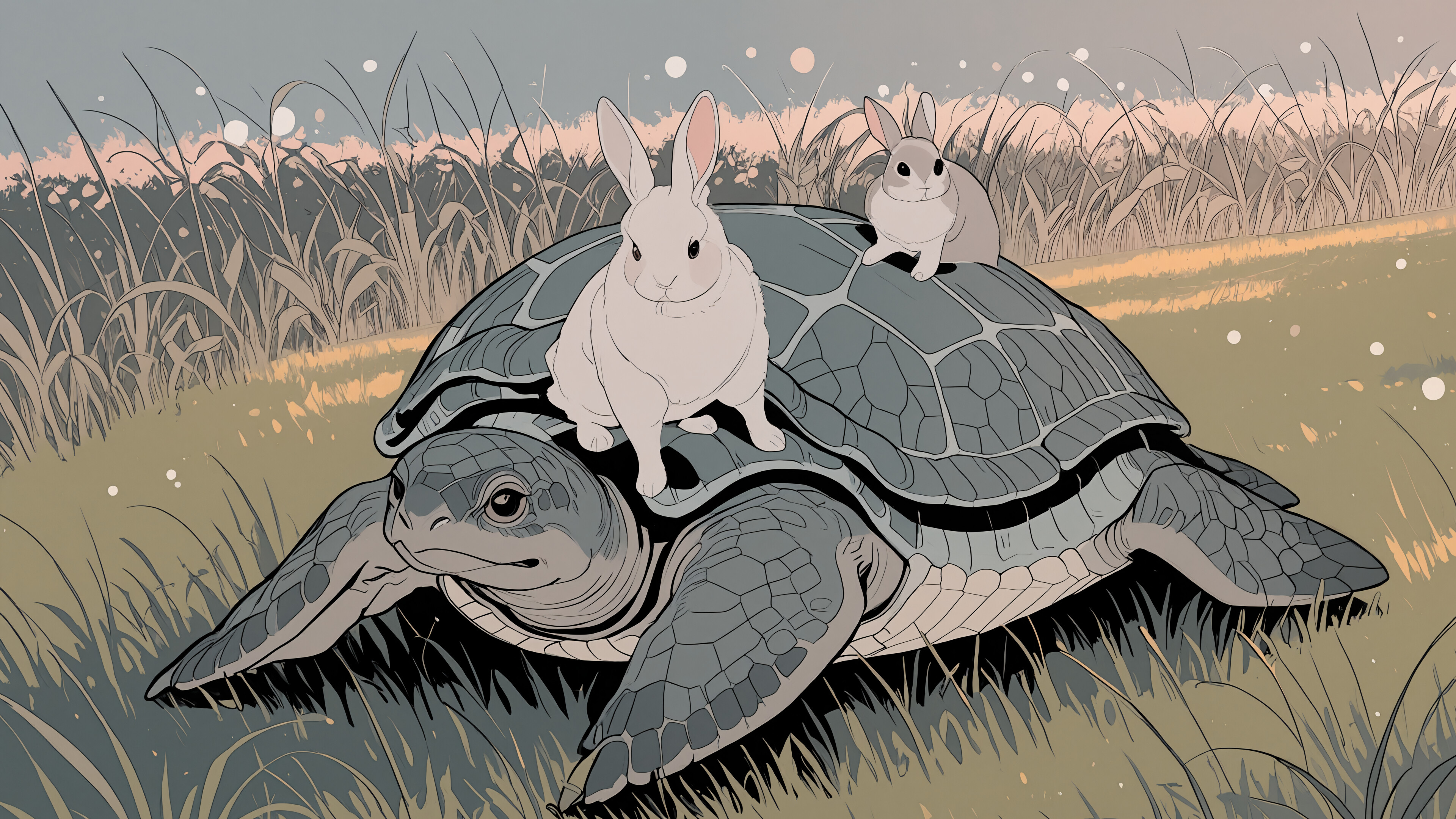 Une illustration moderne, dans le style des mangas, représentant un adorable lapin debout sur le dos d’une grande tortue, alors qu’ils traversent un champ herbeux.