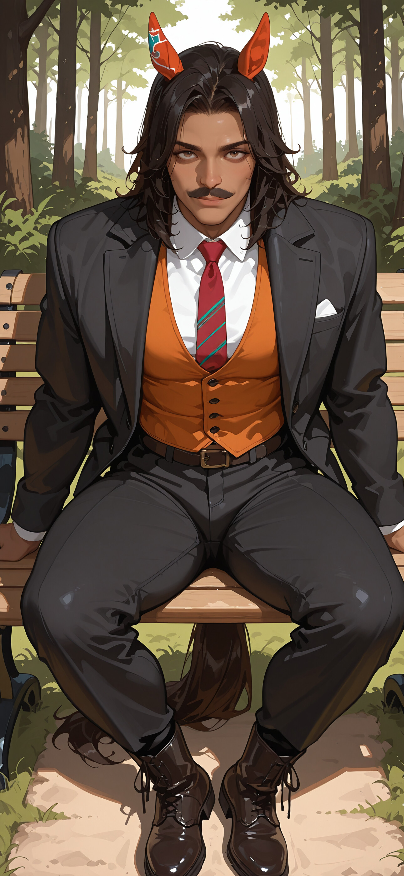 Une illustration numérique représentant un bel homme à la peau mate, aux longs cheveux noirs, à la moustache et aux oreilles d’animal, assis sur un banc dans un parc. Il porte une veste crème, un gilet orange et une cravate rouge, et regarde l’objectif avec assurance, affichant un léger sourire. Une queue de cheval repose sur le sol derrière lui.