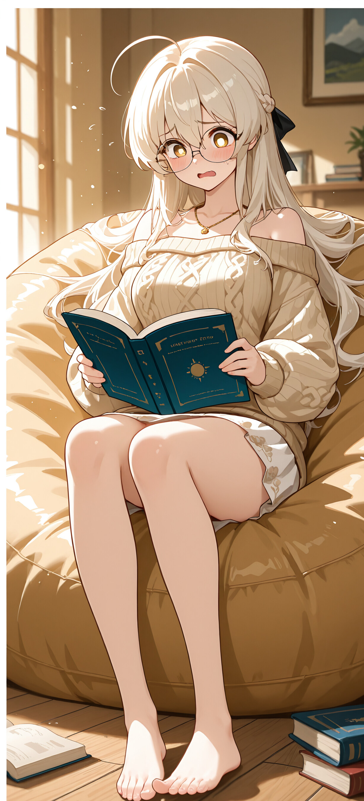 Illustration complète du personnage Ajitani Hifumi, tiré du jeu Blue Archive. Il s’agit d’une jeune fille blonde aux allures d’animé, portant des lunettes et un halo, assise sur un fauteuil en forme de sac de haricots blanc et lisant un livre avec une expression légèrement troublée. Elle porte un pull couleur crème à décolleté et une jupe blanche, dans une pièce confortable et baignée de lumière.