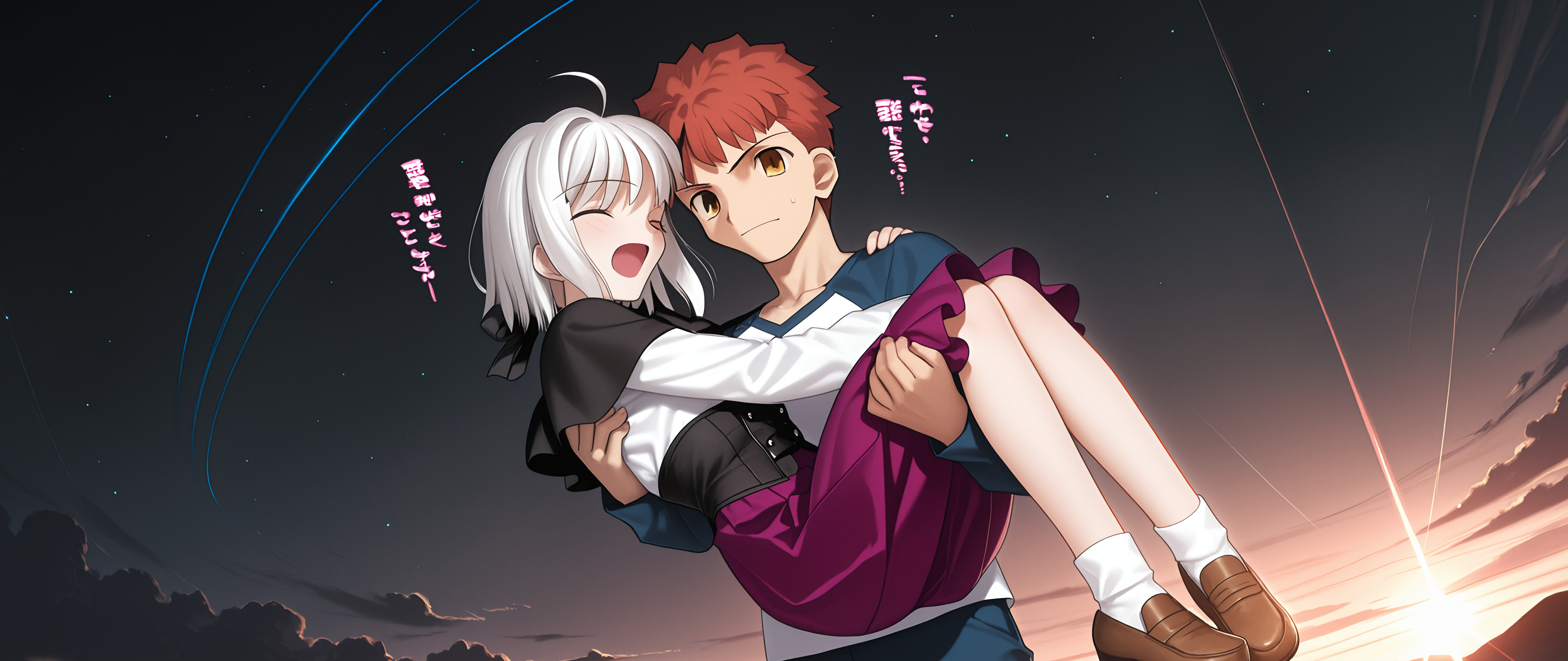 Dans une pièce faiblement éclairée, Emiya Shirou, personnage de Fate/stay night, porte doucement Tojou Koneko, personnage de High School DxD, dans ses bras. On peut apercevoir, par la fenêtre derrière eux, un ciel nocturne étoilé.