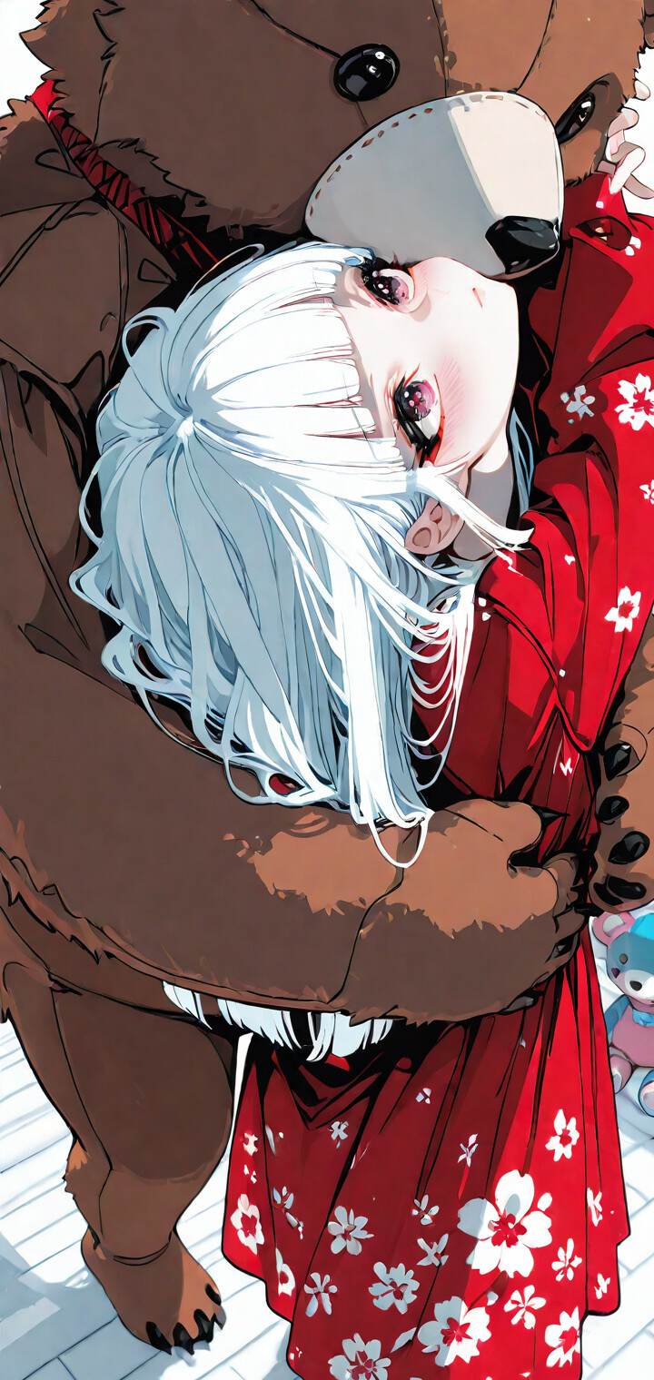 Une illustration de style manga représentant une jeune fille aux longs cheveux blancs et aux yeux roses, que serre dans ses bras un énorme ours en peluche marron. Elle porte une robe rouge à motifs floraux, et la pièce est remplie de nombreux autres petits ours en peluche.