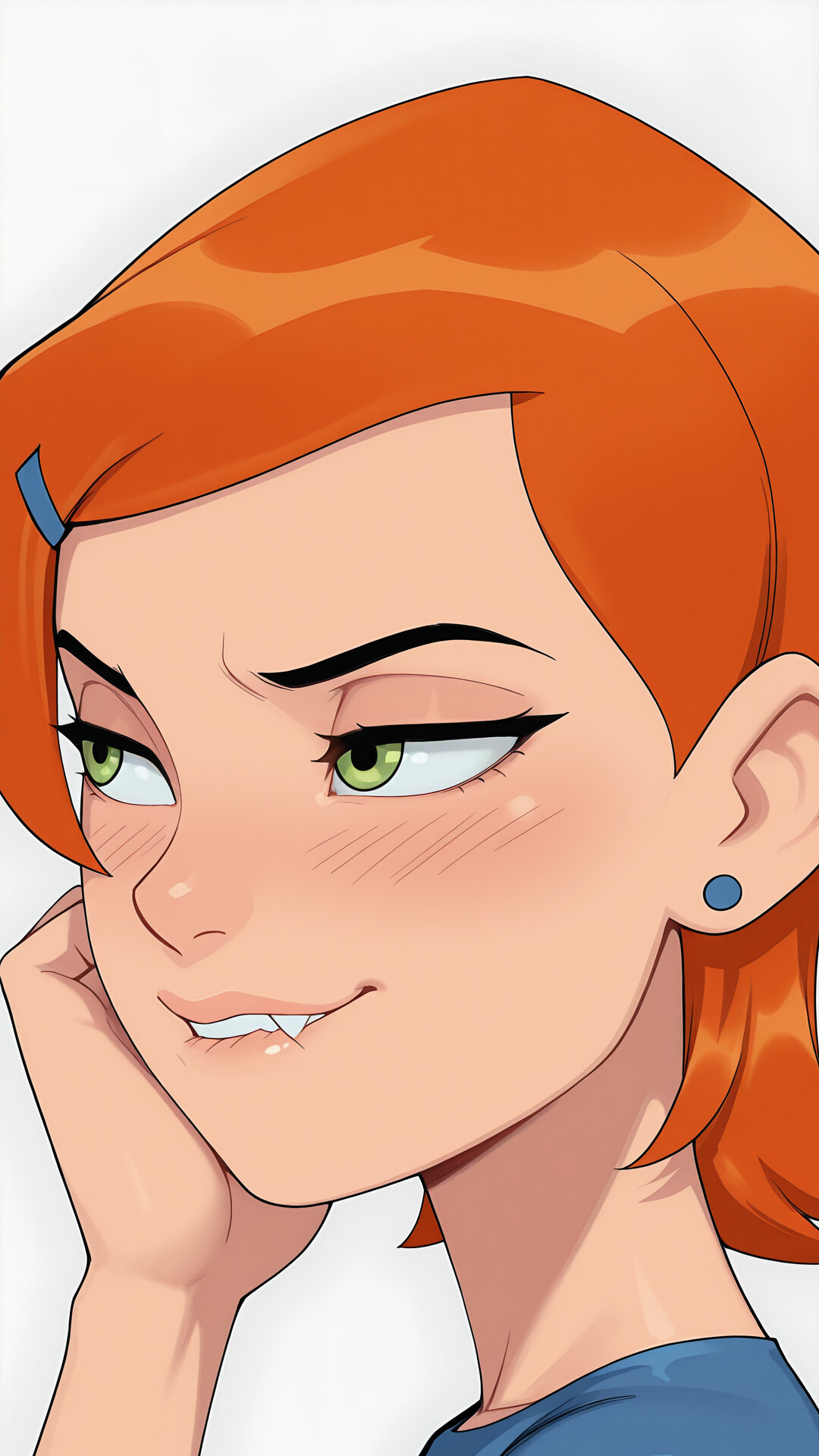 Une illustration numérique en gros plan de Gwen Tennyson, issue de la série Ben 10. Elle a les cheveux courts et orange, les yeux verts et porte une boucle d’oreille bleue. Elle regarde sur le côté avec une expression espiègle et un peu coquine, et elle mord légèrement sa lèvre.