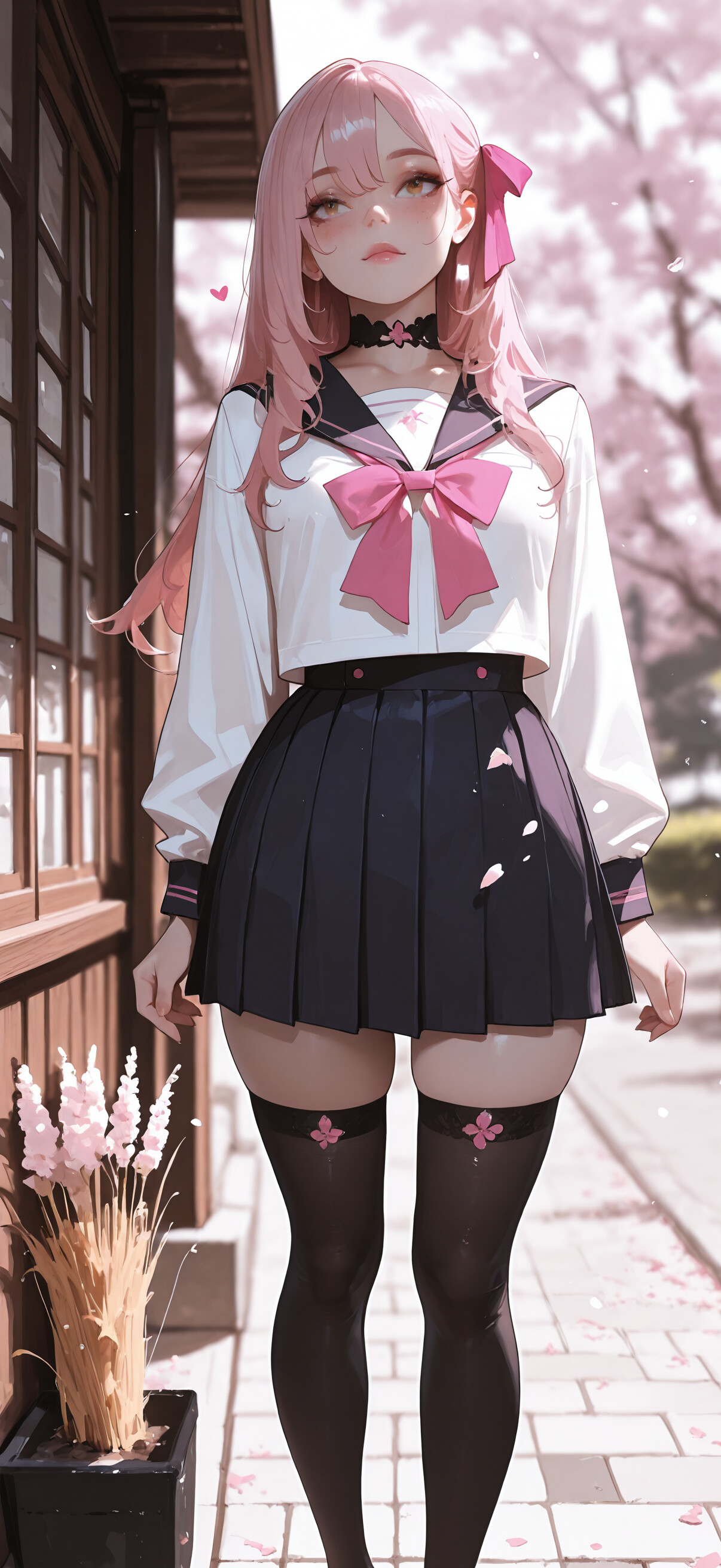 Une illustration de style manga représentant une jeune fille aux longs cheveux roses, assise sur des marches de pierre. Elle porte un uniforme scolaire japonais composé d’un haut blanc, d’une jupe bleue, d’un grand nœud rose et de bas noirs montants jusqu’aux cuisses. Elle est entourée de plantes dorées et de pétales roses flottants.