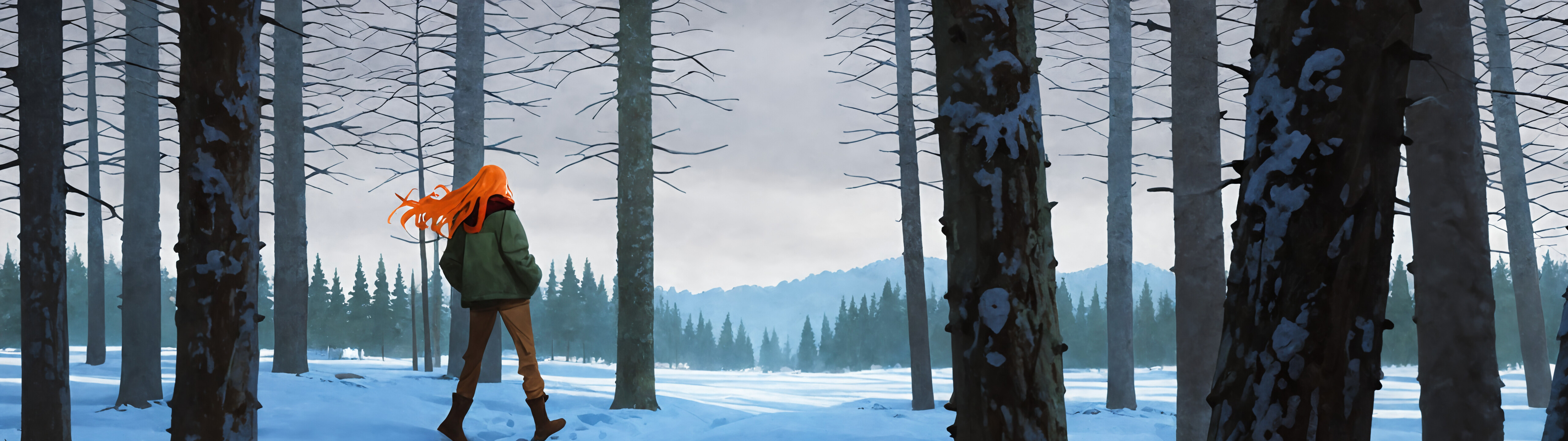 Une peinture représentant Tulip Olsen, personnage de la série « Infinity Train », vue de dos, debout dans une forêt de pins enneigée. Elle a de longs cheveux orange vif qui flottent au vent et porte une veste verte, une écharpe à carreaux rouges et un pantalon marron, les mains dans les poches.