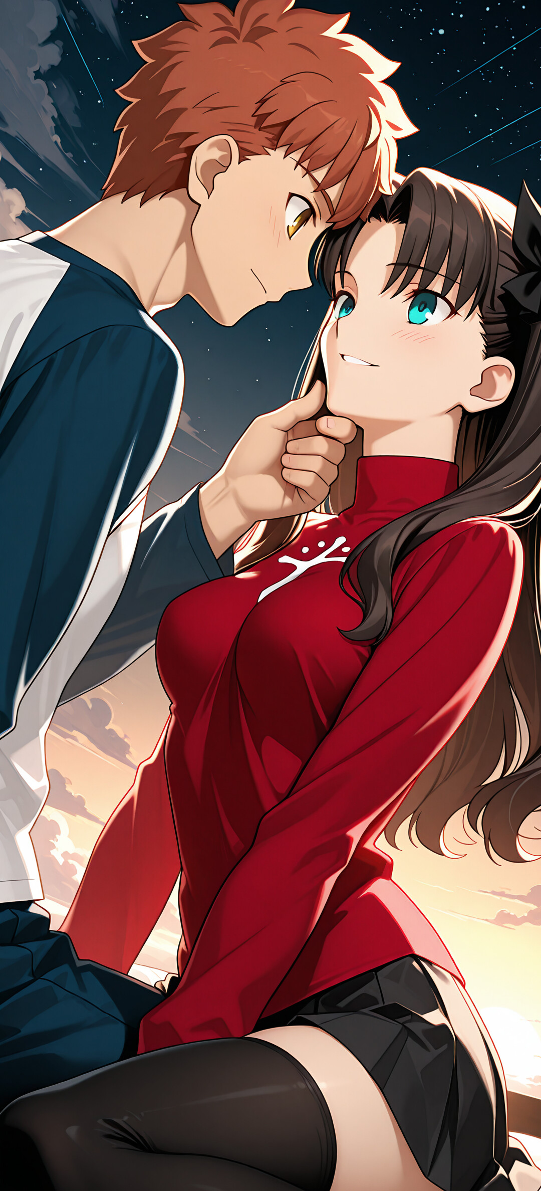 Une illustration d’anime représentant Rin Tohsaka et Shirou Emiya, tirée de Fate/stay night, partageant un moment romantique. Shirou tient le menton de Rin tandis qu’ils se regardent dans les yeux sous un ciel étoilé.