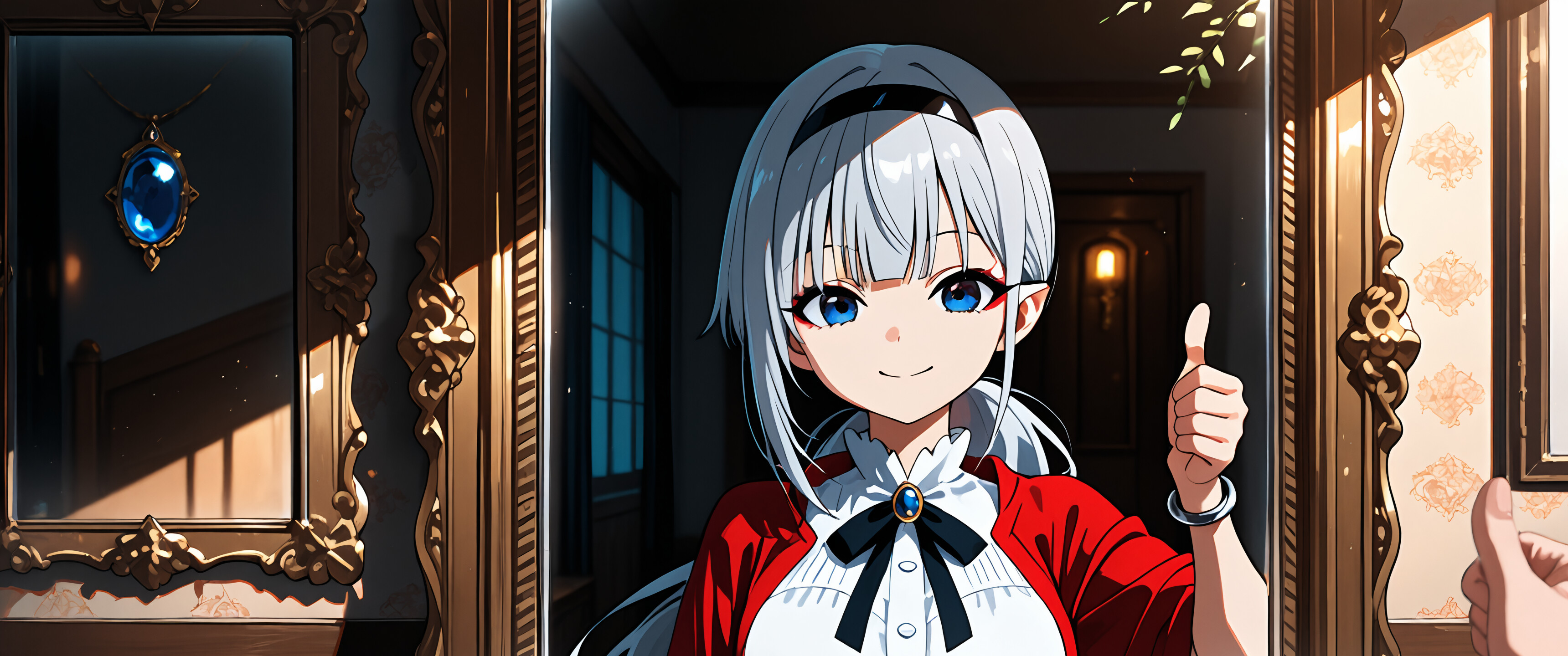 Une jeune fille d’anime aux cheveux argentés et aux oreilles pointues, Hiragi Popura, sourit et lève le pouce devant un miroir décoré. Une main, au premier plan, lève également le pouce en direction de son reflet.