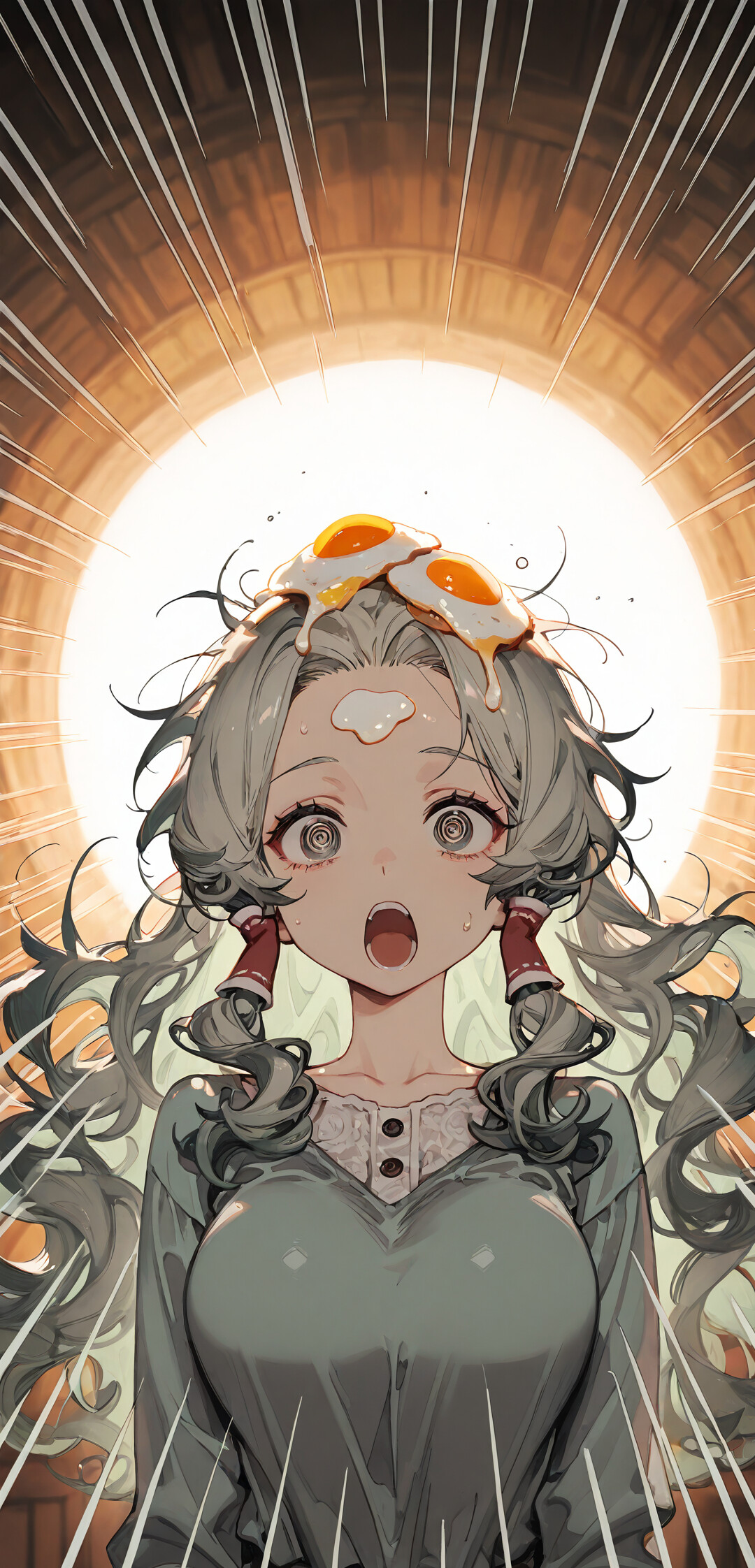 Une jeune fille au style manga, avec des cheveux verts clair ondulés et des yeux en spirale, affiche une expression de choc, la bouche ouverte, tandis que deux œufs au plat sont posés sur le dessus de sa tête.