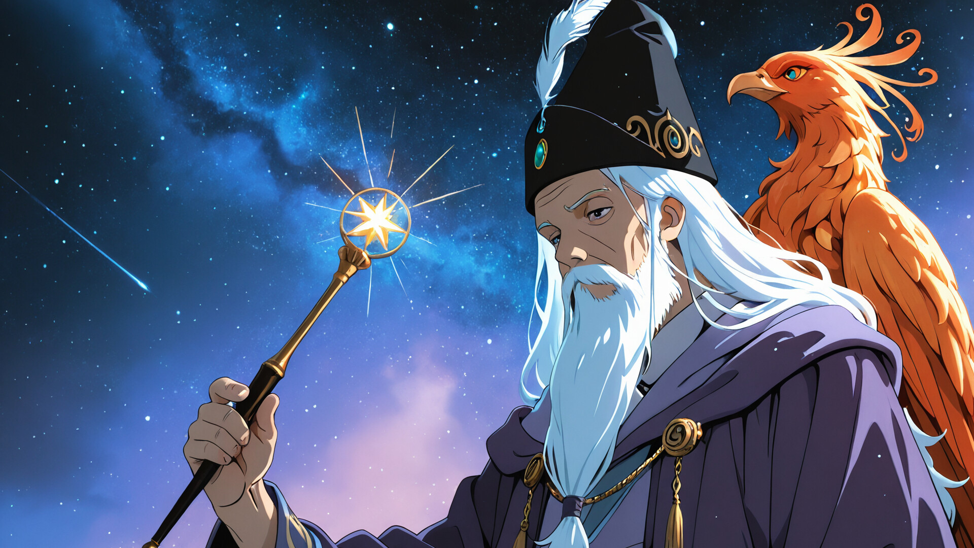Un portrait de style manga représentant Albus Dumbledore, un sorcier à la longue barbe blanche et vêtu d’une robe violette, tenant une baguette dont l’extrémité est surmontée d’une étoile, avec un grand phénix orange derrière lui, le tout se détachant sur un ciel nocturne étoilé.