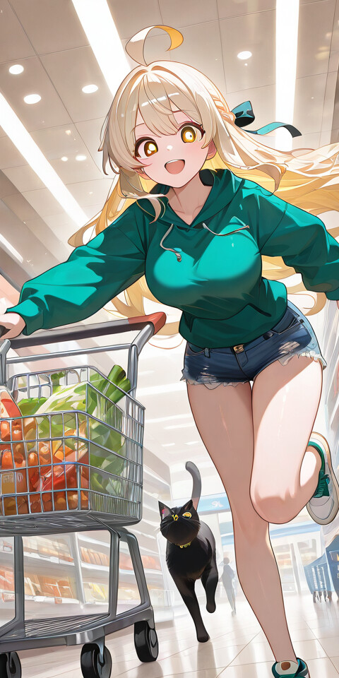 Une illustration de style manga représentant une jeune fille blonde et joyeuse, Artoria Pendragon (Saber), vêtue d’un sweat à capuche vert et d’un short en jean, courant avec entrain dans les allées d’un supermarché en poussant deux chariots remplis de provisions.