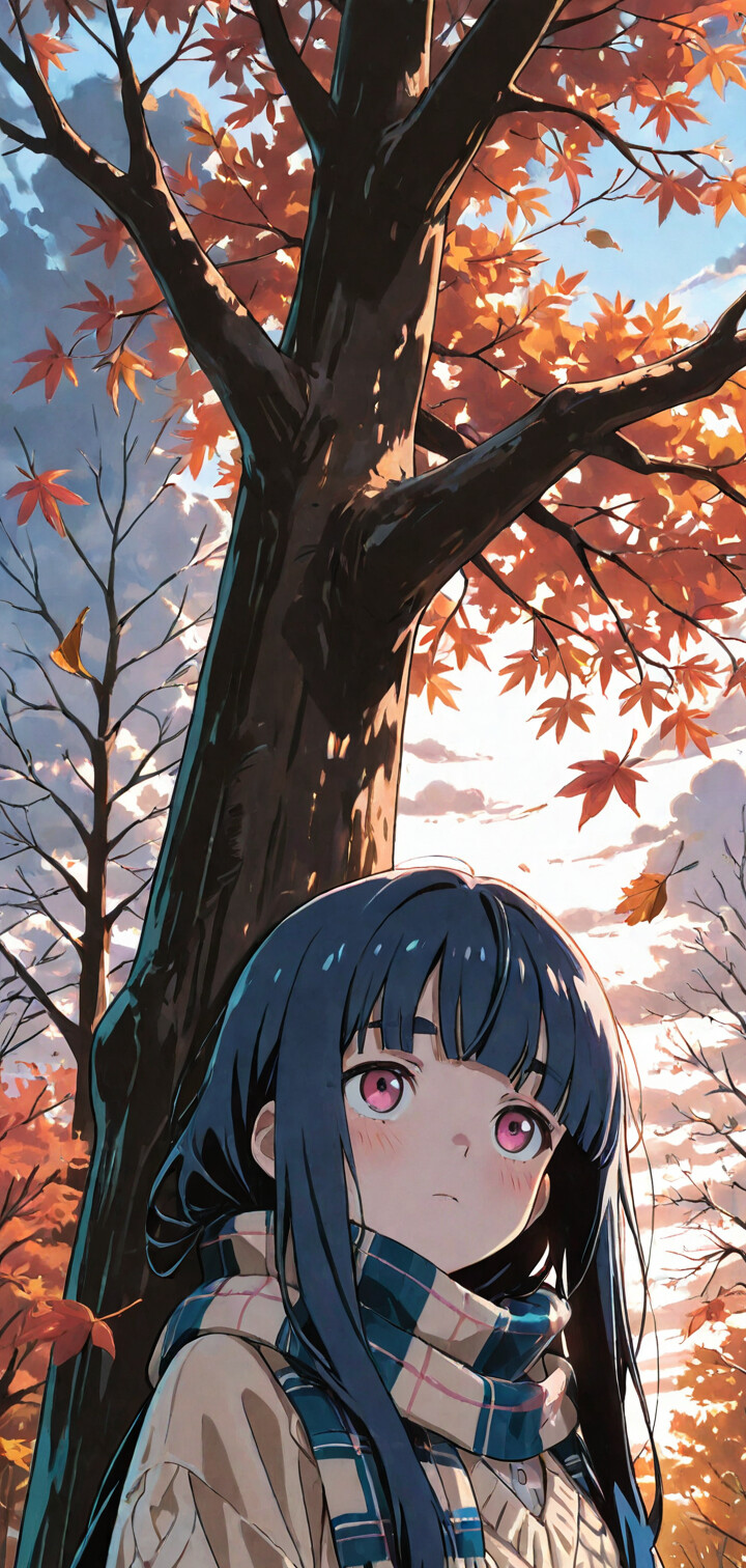 Une illustration d’anime représentant Akane Kinoshita, personnage de la série « Loving Yamada at Lv999 ! », avec des cheveux bleu foncé et une écharpe à carreaux, debout sous un arbre aux feuilles d’automne d’un orange vif.