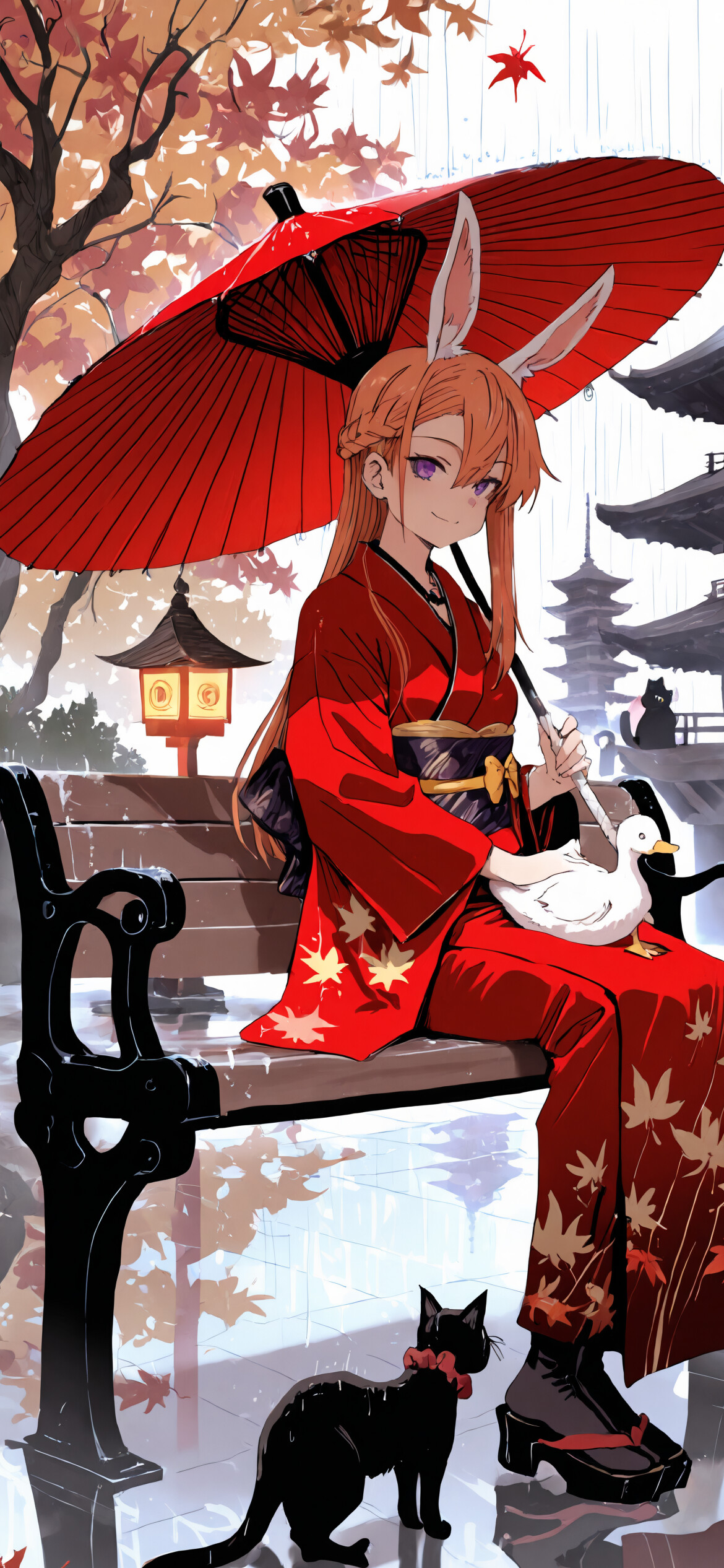 Une jeune fille au style manga, avec des cheveux orange et des oreilles de lapin, est assise sur un banc, vêtue d’un kimono rouge, sous un parapluie rouge dans un jardin de temple japonais, alors qu’il pleut. Un chat noir est assis sur ses genoux et un canard blanc se trouve à ses pieds.