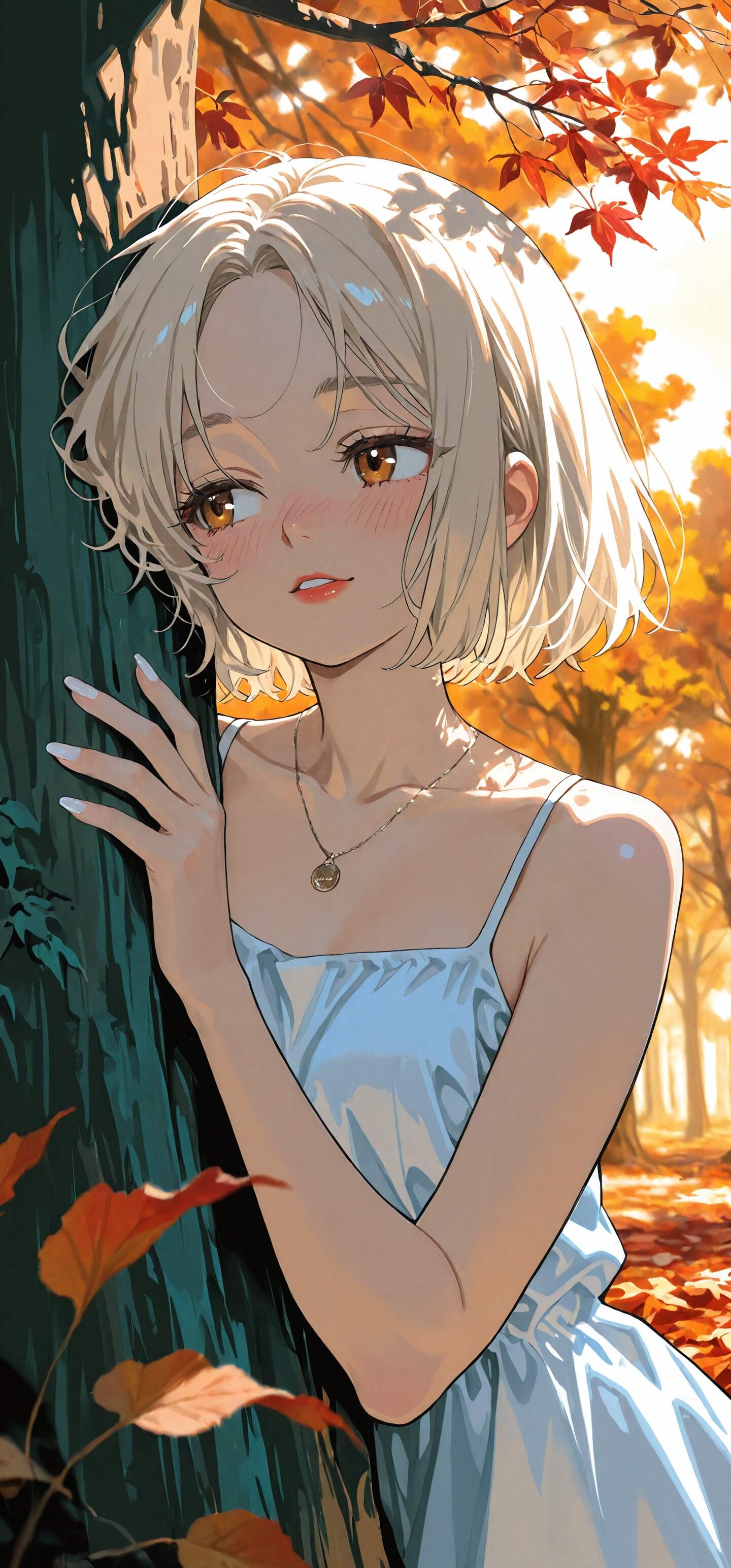 Une magnifique jeune fille, dans le style des dessins animés japonais, avec de courts cheveux blond platine et une robe blanche, est appuyée contre un arbre dans une forêt automnale, au moment où le soleil décline, et elle sourit doucement en regardant sur le côté.
