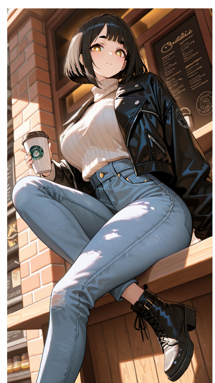 Une illustration de style manga représentant une jeune femme aux cheveux noirs courts, portant une veste en cuir, assise sur le comptoir devant un café et tenant une tasse de café.