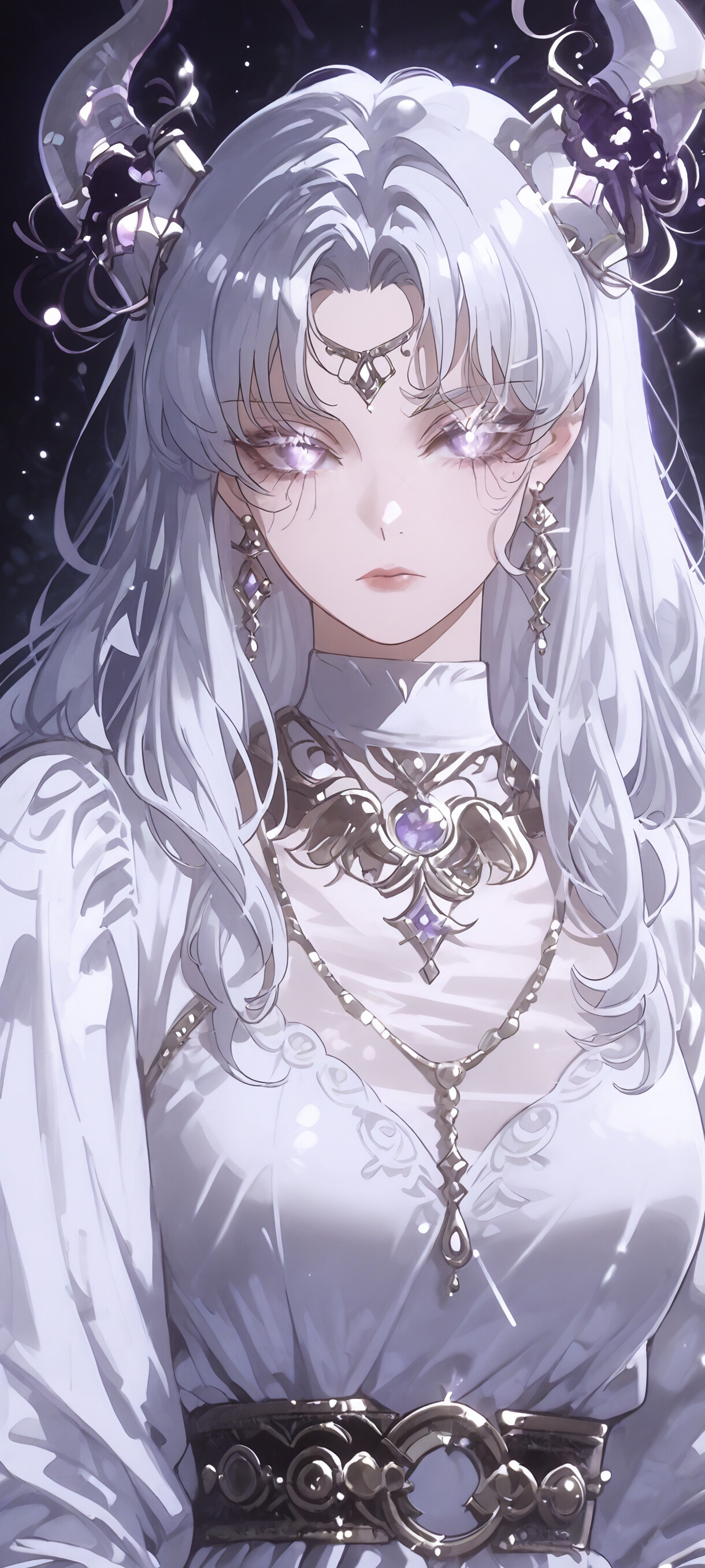 Un portrait dans le style de l’animation japonaise (anime) représentant une belle femme aux longs cheveux blancs, aux yeux blancs lumineux et aux cornes cristallines. Elle porte une élégante robe blanche et des bijoux en argent ornés, le tout sur un fond sombre et scintillant.