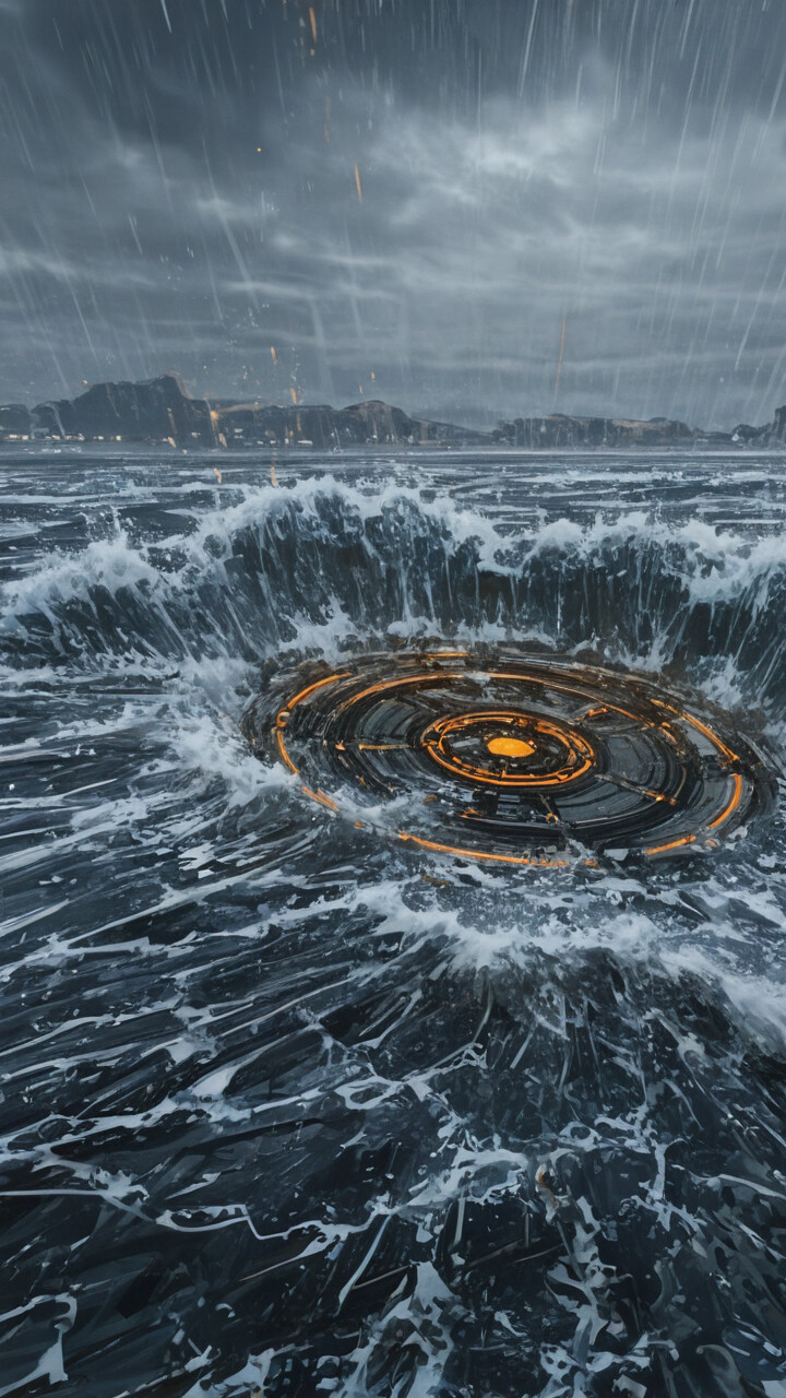 Une peinture fantastique et spectaculaire représentant une mer déchaînée, où une immense colonne d’eau en forme d’arbre s’élève, illuminée d’une lumière bleu vif provenant de son intérieur. La pluie tombe d’un ciel sombre et nuageux sur l’océan agité et une côte rocheuse.