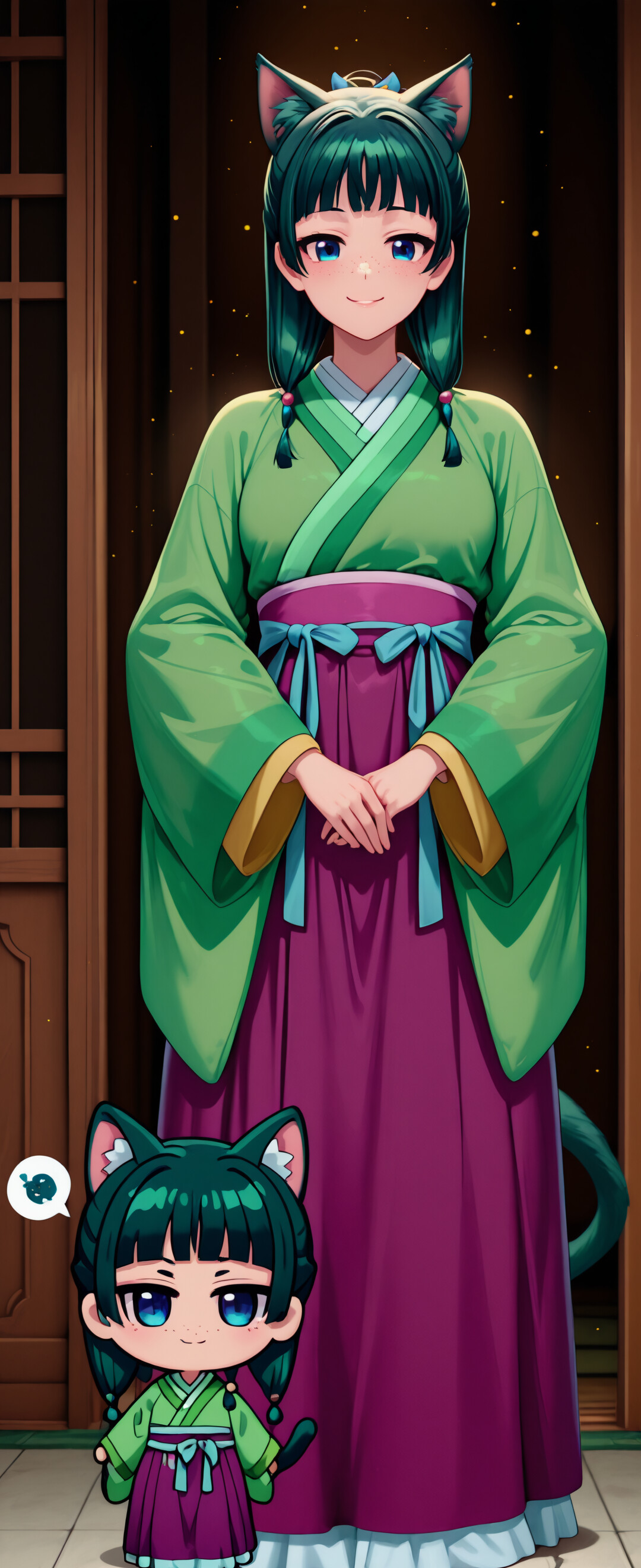 Une illustration de Maomao, personnage du manga « Les Chroniques de l’apothicaire », représentée en version « chibi » (personnage miniature et mignon) et réimaginée en tant que jeune fille-chat. Elle a les cheveux verts, des oreilles et une queue de chat, de grands yeux bleus et des taches de rousseur. Elle porte une tenue traditionnelle verte et violette et se tient dans une pièce dotée de portes de style japonais.