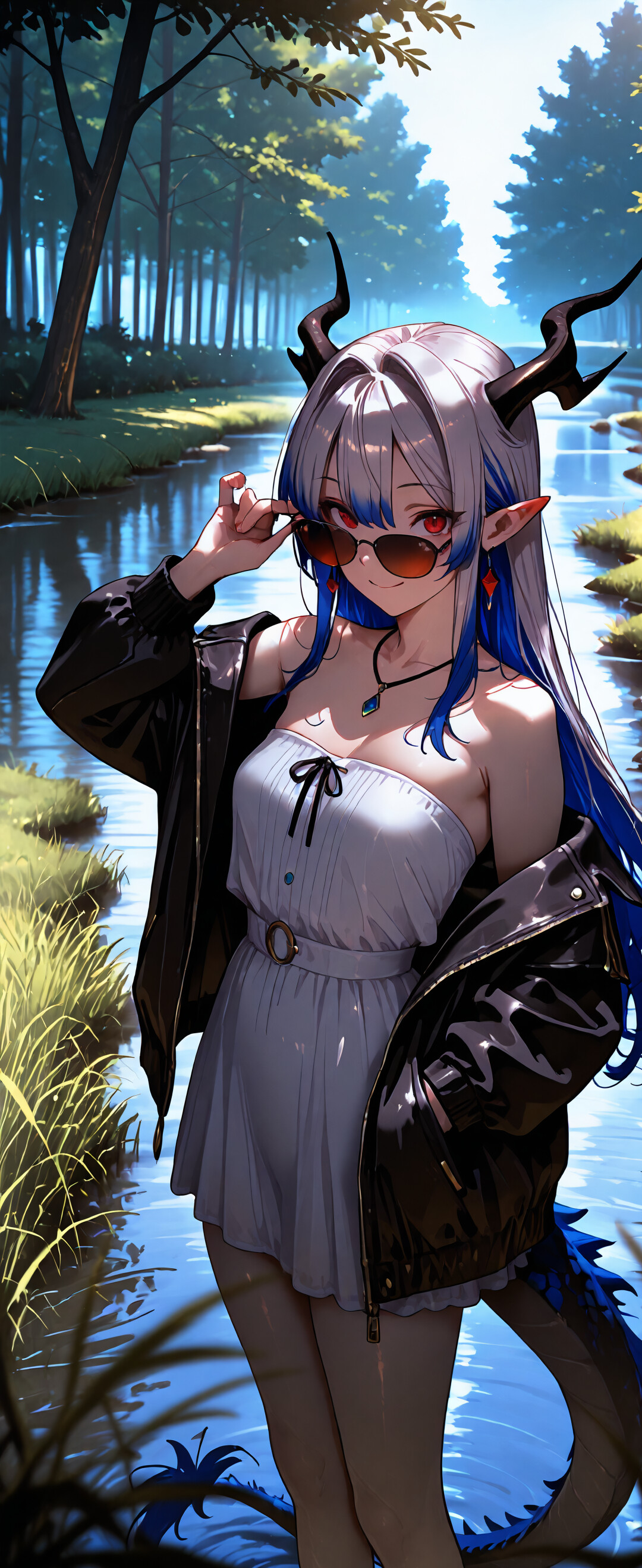 Une illustration de style manga représentant la VTuber Selen Tatsuki sous la forme d’une jeune fille-dragon. Elle a de longs cheveux argentés et bleus, des cornes bleues et des yeux rouges. Elle porte une robe blanche, une veste noire et des lunettes de soleil rouges, et elle sourit au bord d’une rivière dans une forêt.