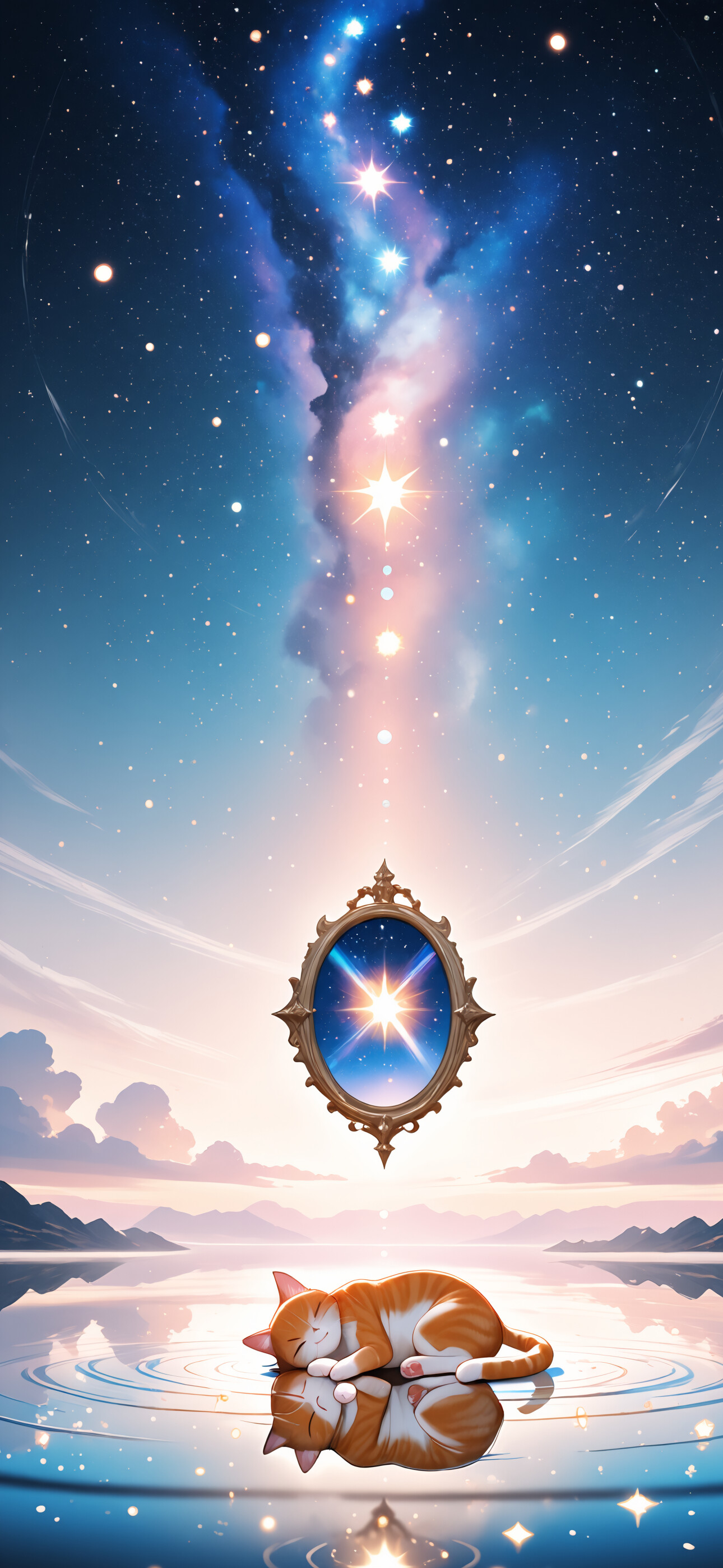 Une illustration représentant un adorable chat tigré orange et blanc, endormi sur une surface réfléchissante qui ressemble à de l’eau. L’arrière-plan est un ciel nocturne cosmique, avec une nébuleuse éclatante, d’innombrables étoiles et une grande sphère lumineuse derrière le chat.