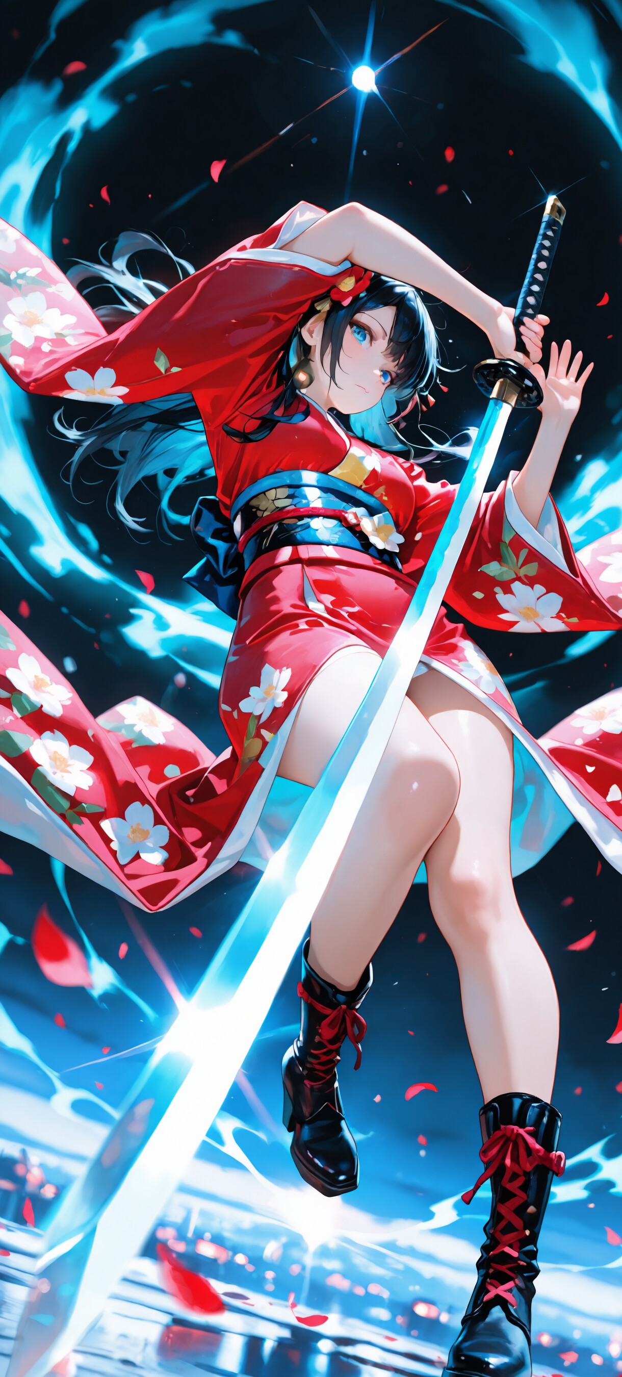 Une illustration complète d’une jeune femme d’anime, vêtue d’un kimono rouge à motifs floraux et de bottes de combat noires, tenant un katana dans une pose dynamique, le tout sur un fond sombre avec des effets de lumière bleue et des pétales rouges.
