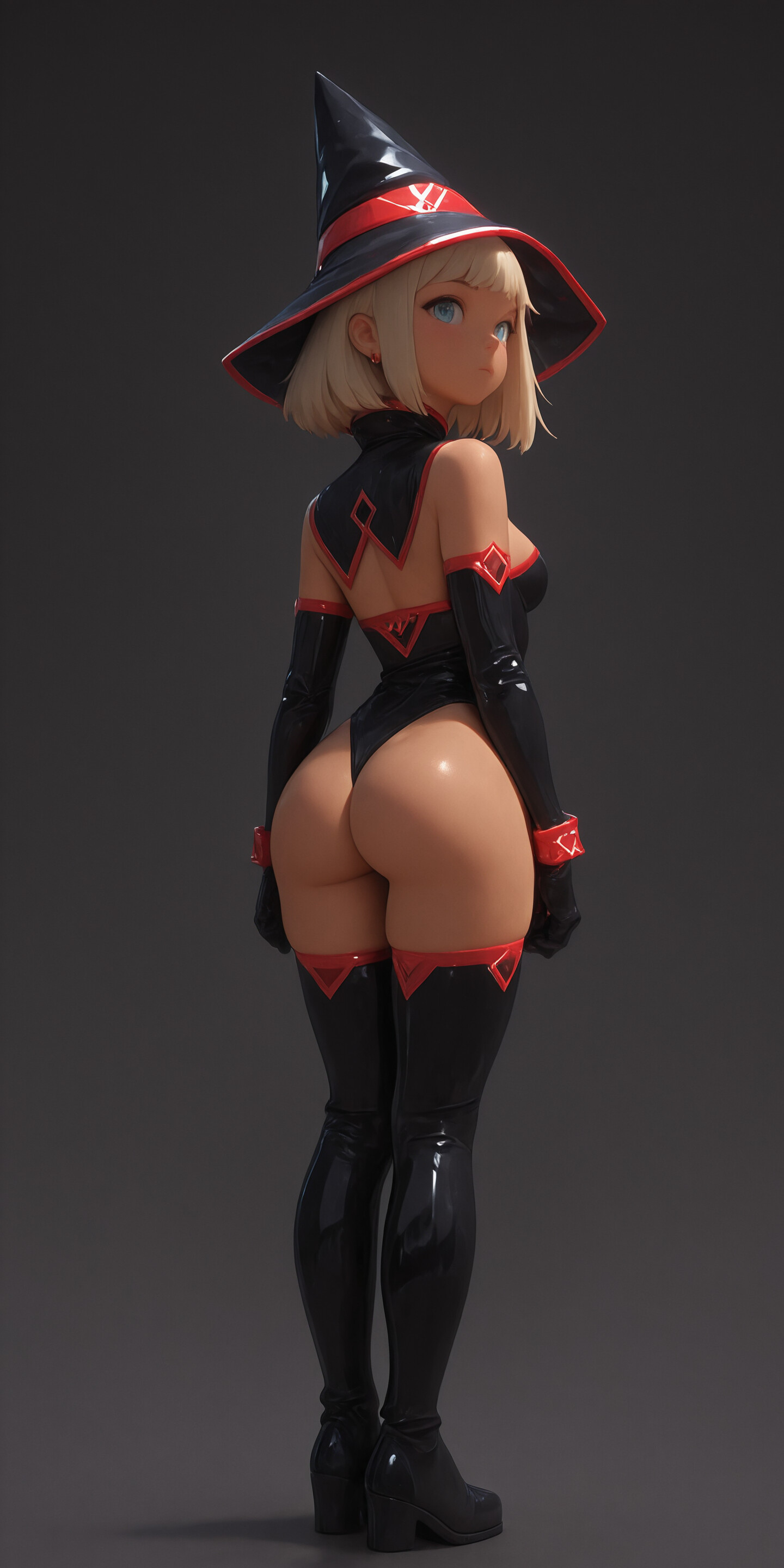 Une illustration numérique complète représentant une jeune sorcière de style manga, avec de courts cheveux blancs et des yeux rouges brillants. Elle porte un grand chapeau noir pointu, un manteau noir et des bottes noires, et tient un bâton dont l’extrémité rouge est lumineuse, le tout sur un fond gris uni.