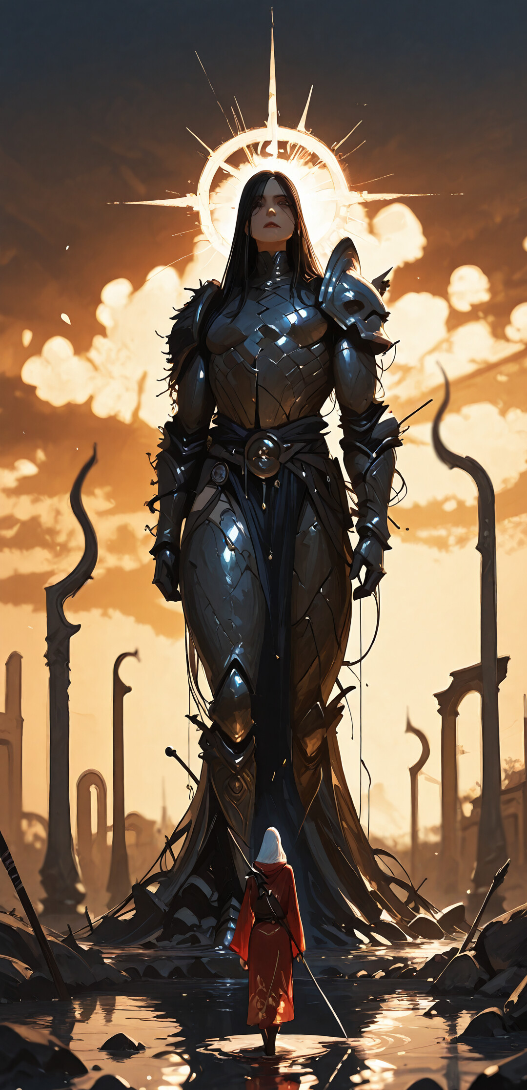 Un guerrier fantastique, vêtu d’une robe rouge à capuche et d’une armure noire, traverse les eaux peu profondes d’une rue d’une ancienne ville inondée, au coucher du soleil, et est flanqué de grandes statues de pierre.