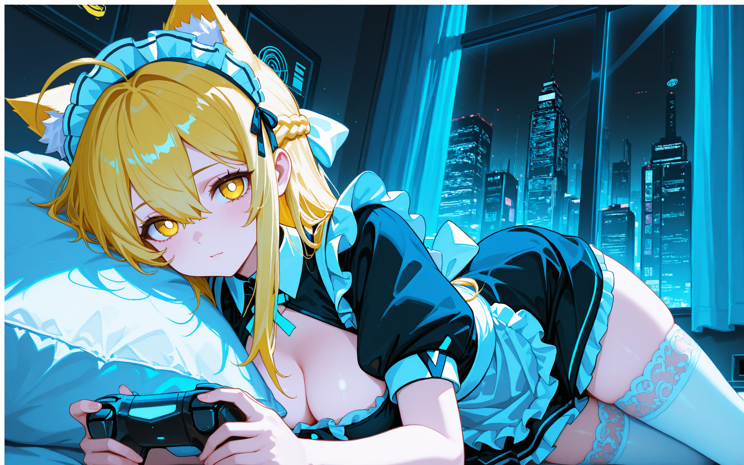 Une jeune fille-chat issue d’un anime, avec de longs cheveux blonds et des yeux jaunes, vêtue d’un uniforme de femme de chambre cyberpunk noir et blanc, assise dans une pièce sombre, avec une ville illuminée par des néons visible à travers la fenêtre derrière elle.