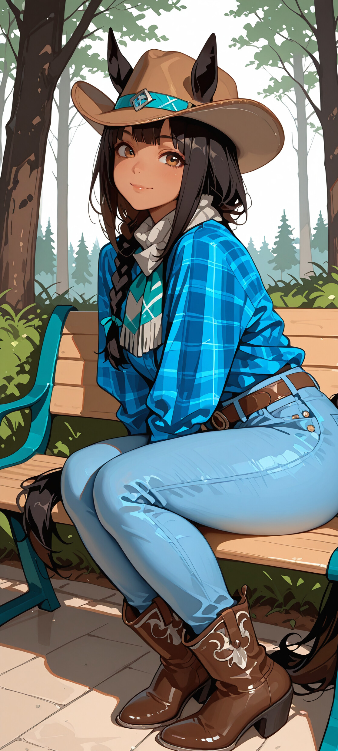 Une jeune fille à l’allure d’anime, avec une peau bronzée et un chapeau de cowboy, identifiée comme El Condor Pasa, est assise sur un banc dans un parc, au cœur d’une forêt. Elle porte une chemise à carreaux et un jean, et elle sourit chaleureusement à la personne qui la regarde.