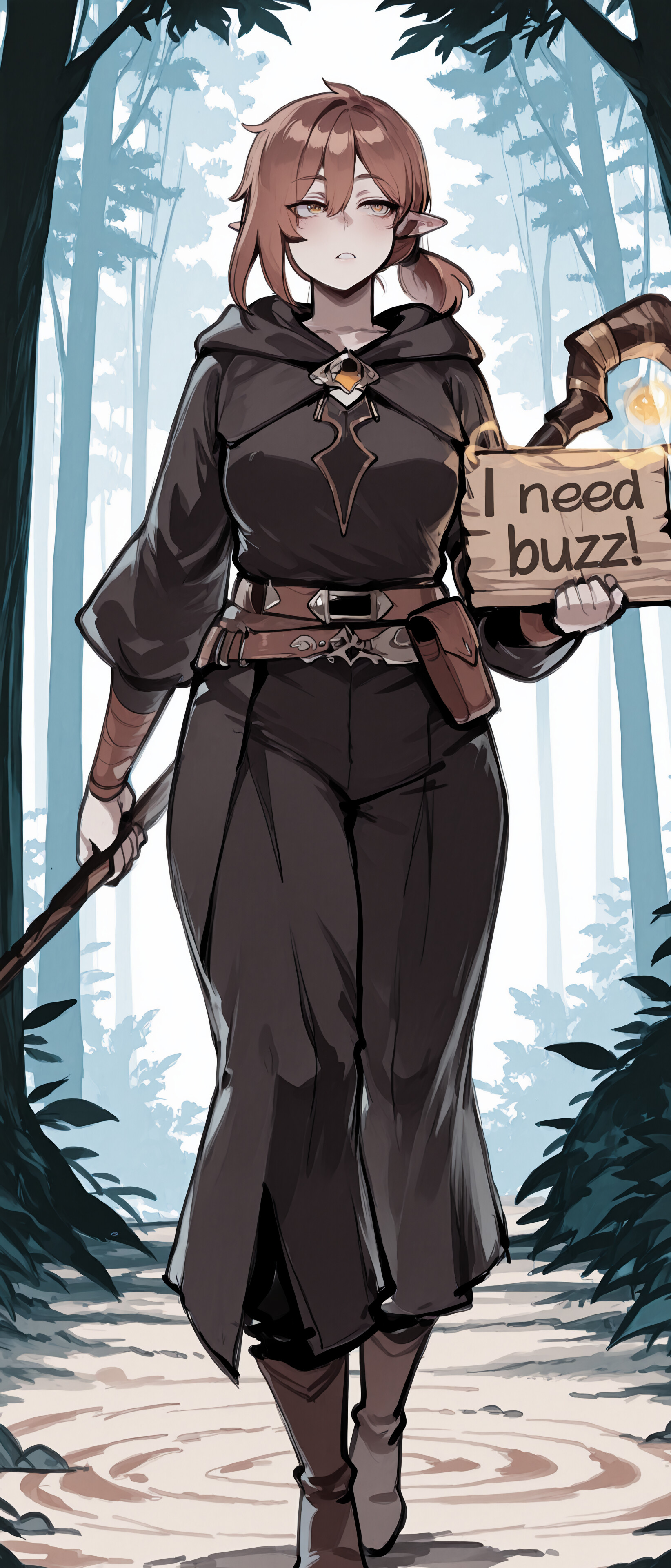 Un mage elfe aux cheveux courts et bruns, vêtu d’une tenue sombre à capuche, se tient dans une forêt hivernale, tenant un bâton dans une main et lançant un sortilège magique lumineux de l’autre.