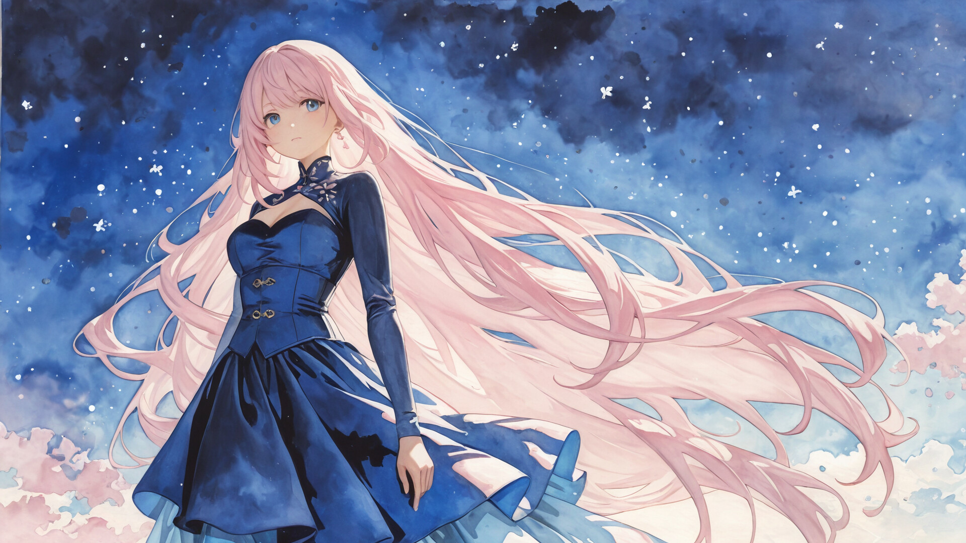 Une illustration de style manga représentant Elysia, un personnage du jeu Honkai Impact 3rd. Il s’agit d’une jeune fille magnifique, aux longs cheveux roses et aux yeux bleus, portant une longue robe bleu clair, le tout se détachant sur un ciel nocturne étoilé et magique.