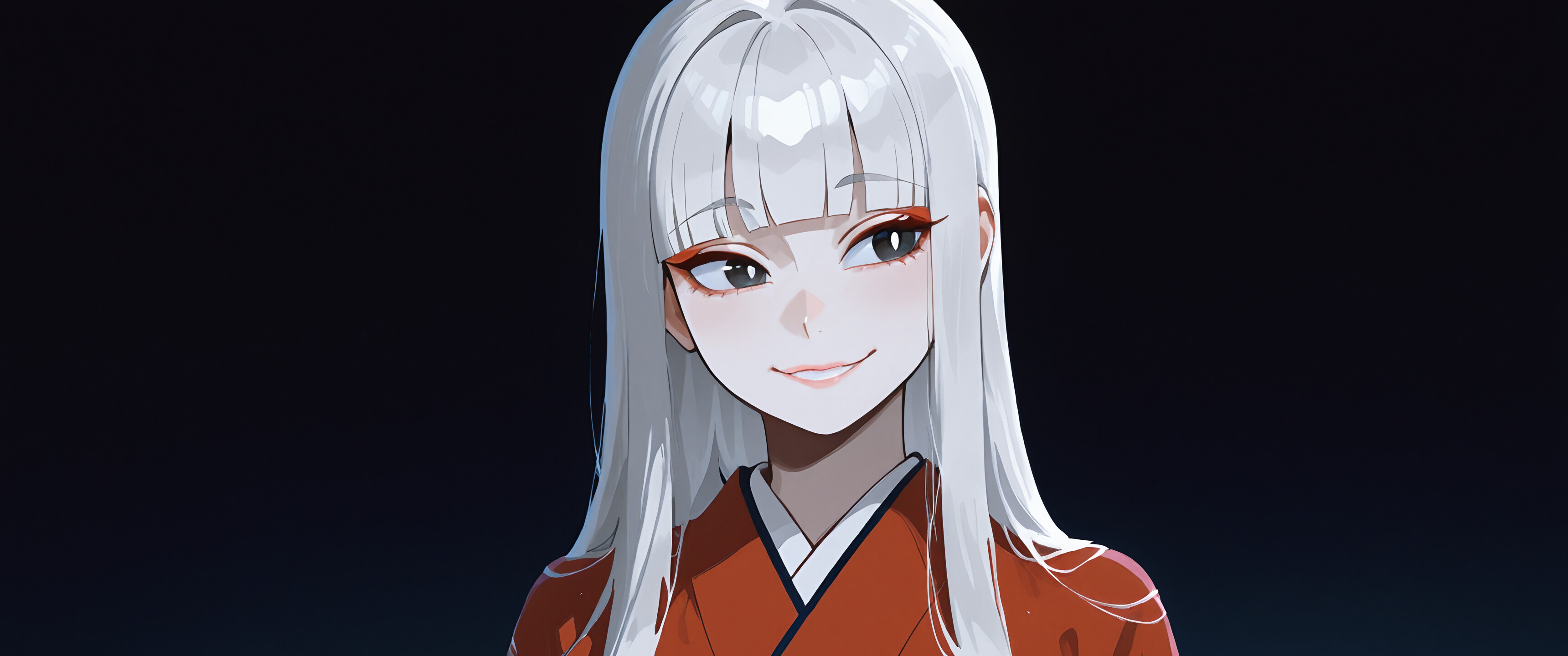 Un portrait en buste d’un personnage d’anime, avec de longs cheveux blancs et une frange épaisse, portant un kimono rouge et affichant un sourire énigmatique sur fond de nuit sombre.