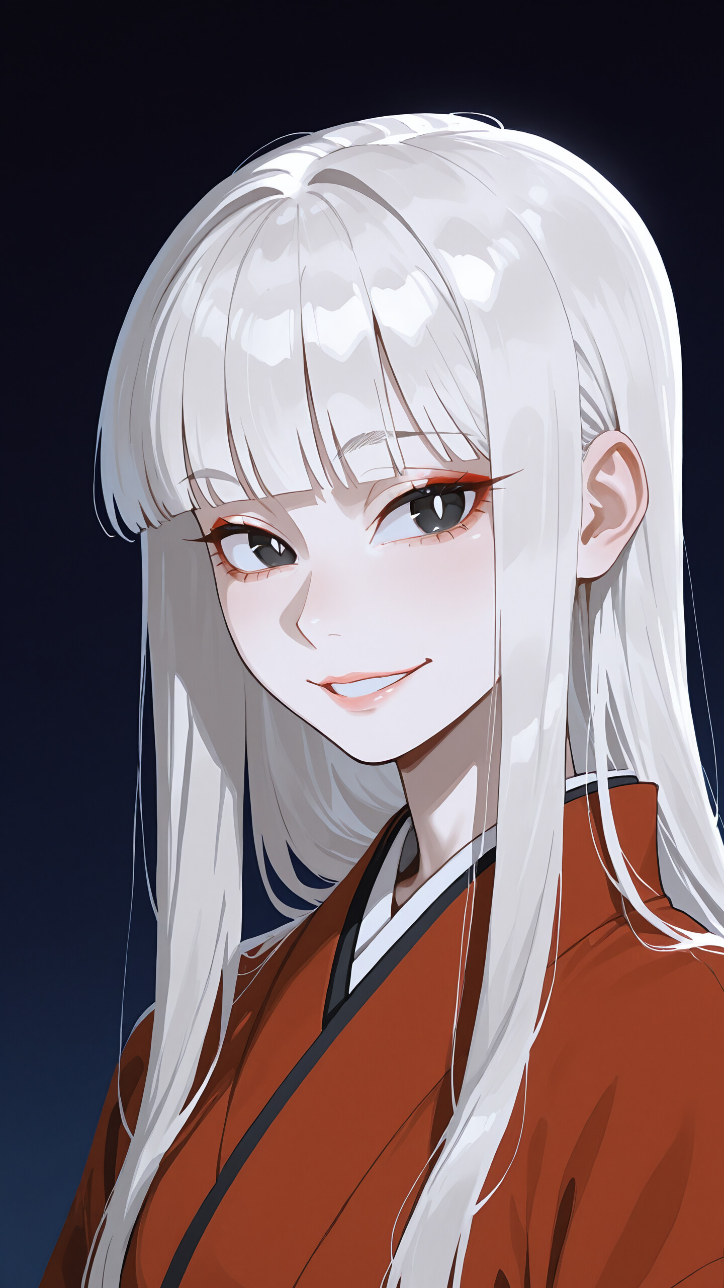 Un portrait en buste d’un personnage d’anime, avec de longs cheveux blancs et une frange épaisse, portant un kimono rouge et affichant un sourire énigmatique sur fond de nuit sombre.
