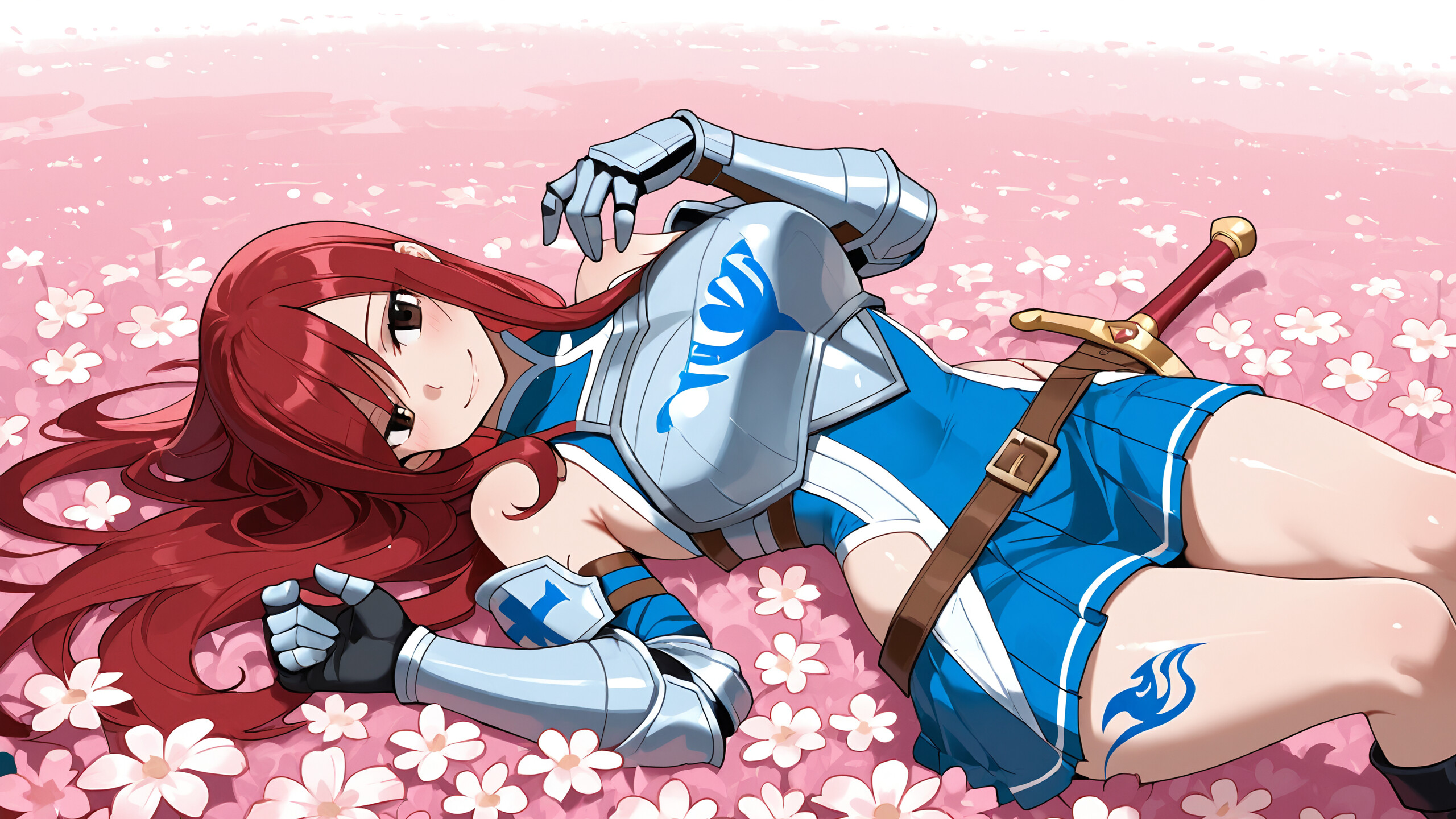 Erza Scarlet, de l’univers de Fairy Tail, une guerrière aux cheveux roux, vêtue d’une armure argentée et bleue et d’une jupe bleue, se tient debout, souriante, dans un champ de fleurs blanches, avec un château en arrière-plan, et elle tient une épée.