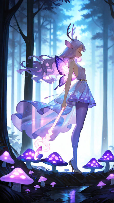 Une illustration de style manga représentant un magnifique esprit de la forêt, avec de longs cheveux violets clairs, des bois de cerf et de grandes ailes de papillon. Elle tient un bâton lumineux et se tient dans une forêt magique, remplie de champignons violets phosphorescents et d’un petit cerf.