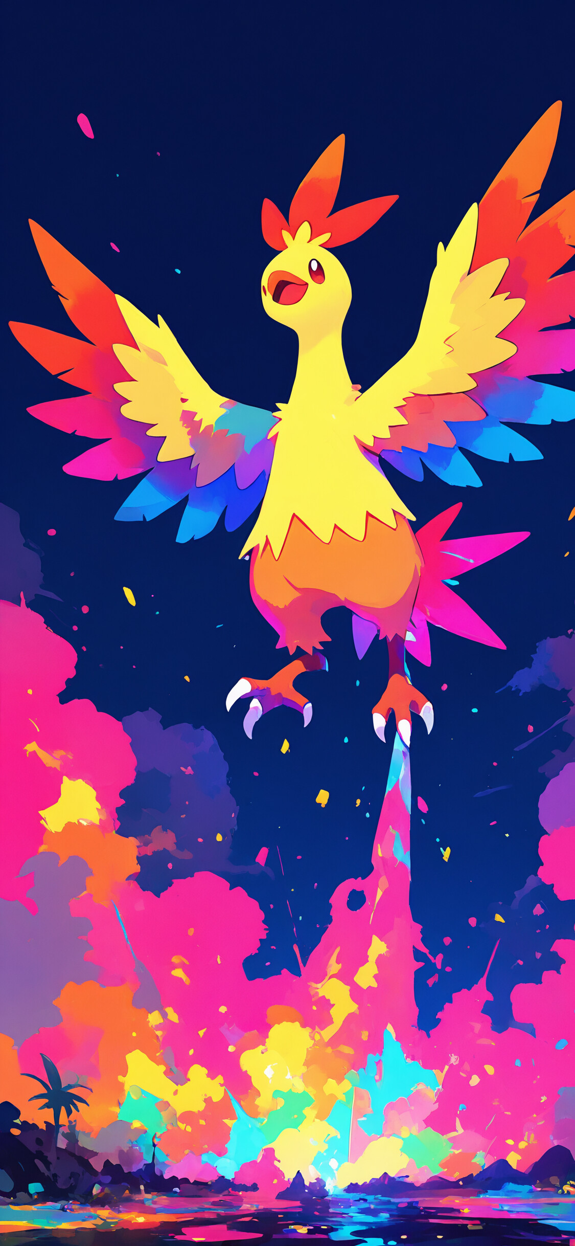 Une illustration numérique du Pokémon Combusken, représenté dans une pose confiante. Des flammes jaillissent de sa crête, sur un fond éclatant aux couleurs vives, composé de touches de bleu, de rose et de jaune.