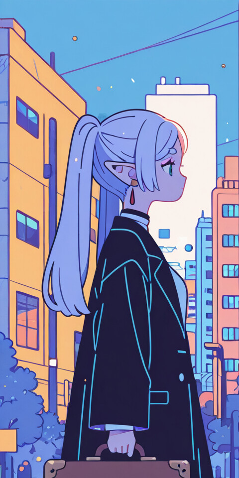 Une illustration de style manga représentant Frieren, une jeune elfe aux longs cheveux blancs attachés en queue de cheval, marchant dans une rue d’une ville moderne. On la voit de profil, vêtue d’une cape blanche et portant une valise marron. Les bâtiments de la ville sont représentés dans des tons de bleu et de violet.