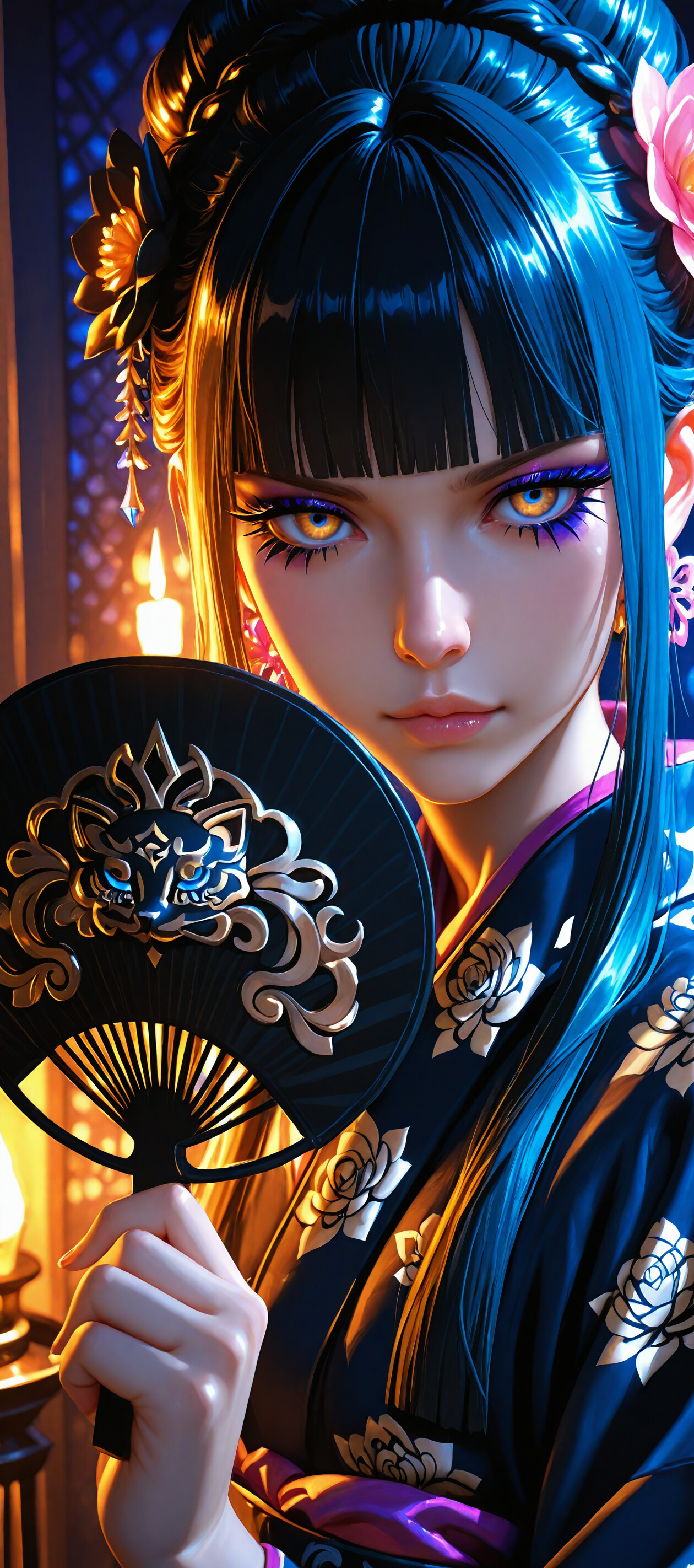 Un portrait numérique d’une femme au style manga, vêtue d’un kimono et coiffée d’une coupe « hime », tenant un éventail noir dans une pièce éclairée par des bougies, devant une fenêtre circulaire bleue lumineuse.