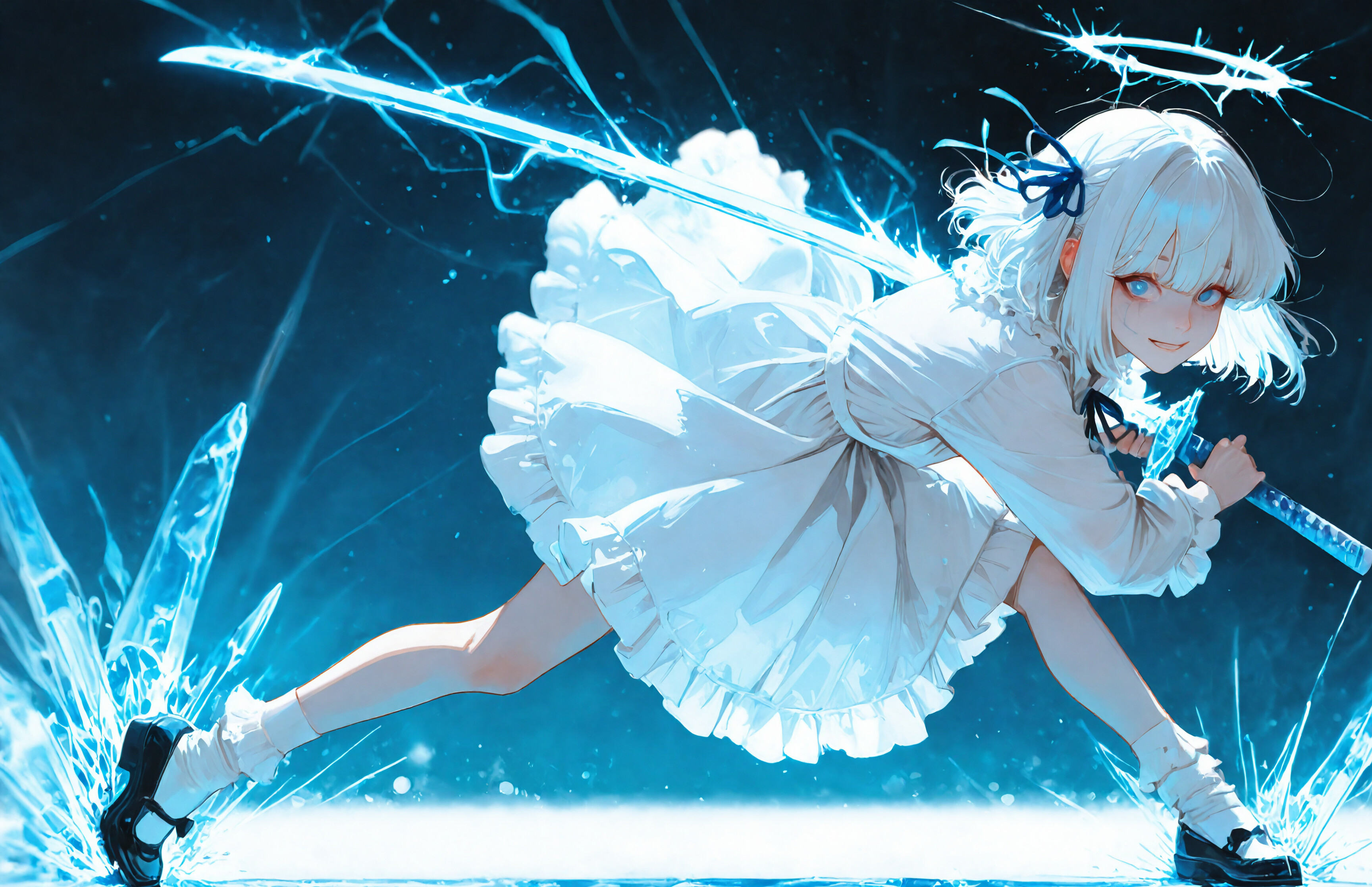 Une illustration représentant une jeune fille d’anime en pied, avec des cheveux blancs et une robe blanche à volants. Elle tient un katana de glace bleu lumineux et sourit en regardant le spectateur, debout sur une surface de glace fissurée devant une lumière circulaire et éclatante.