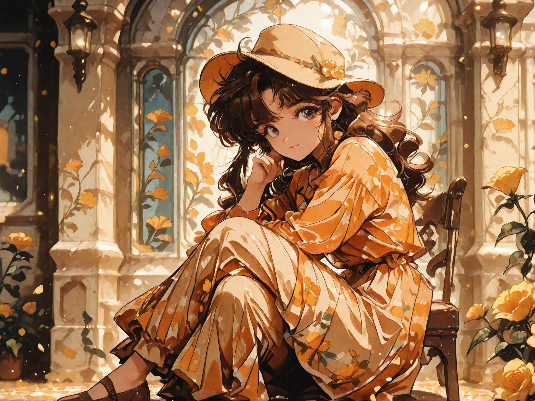 Un portrait en pied d’une jeune femme au style manga, avec de longs cheveux bruns et un chapeau jaune, assise sur une chaise en bois. Elle porte une longue robe jaune-orangée à motifs floraux et sourit doucement dans un jardin ensoleillé, entourée de roses jaunes.