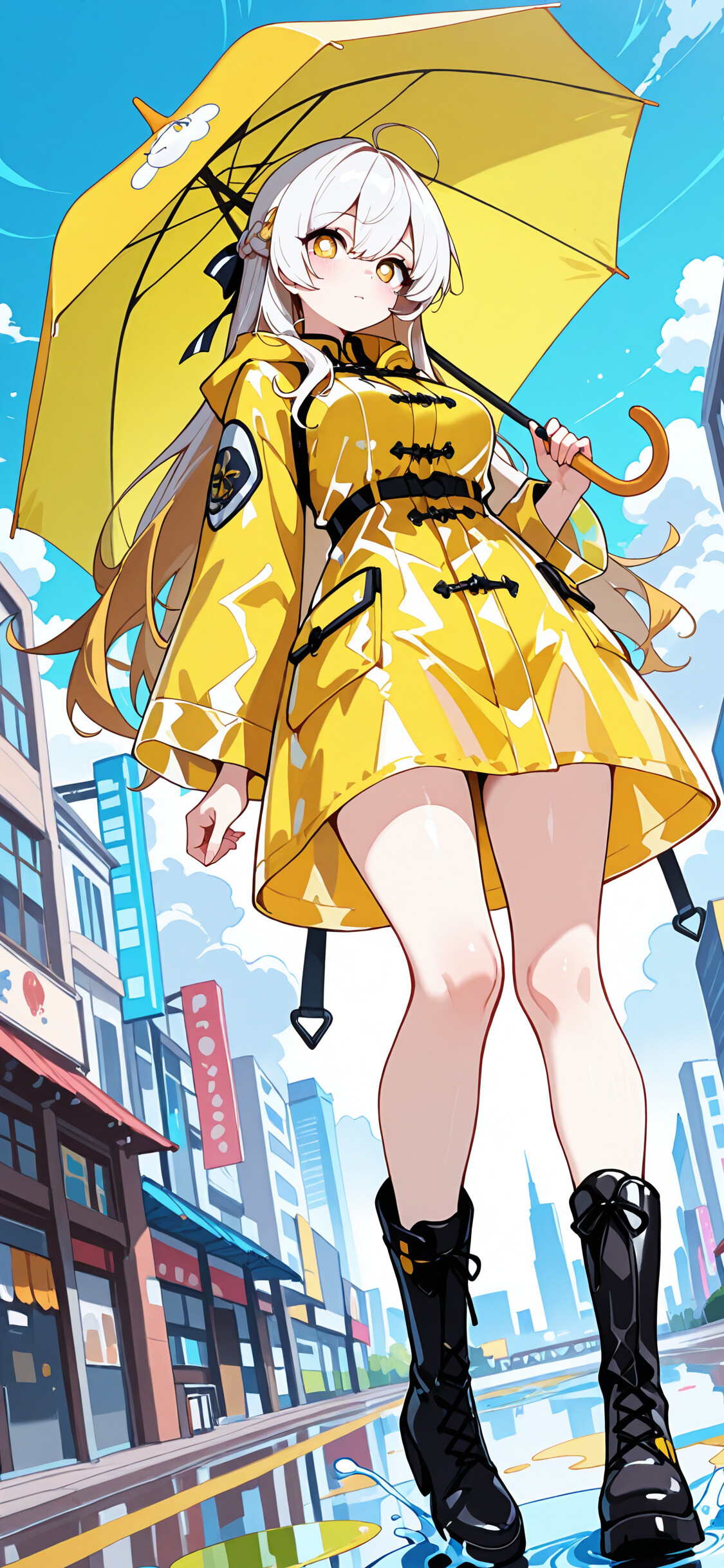 Une illustration de style manga représentant Stelle, le personnage féminin principal de Honkai : Star Rail, debout dans une rue de la ville, où le sol est mouillé. Elle porte un imperméable jaune et tient un parapluie turquoise, et elle regarde le spectateur avec ses yeux dorés.