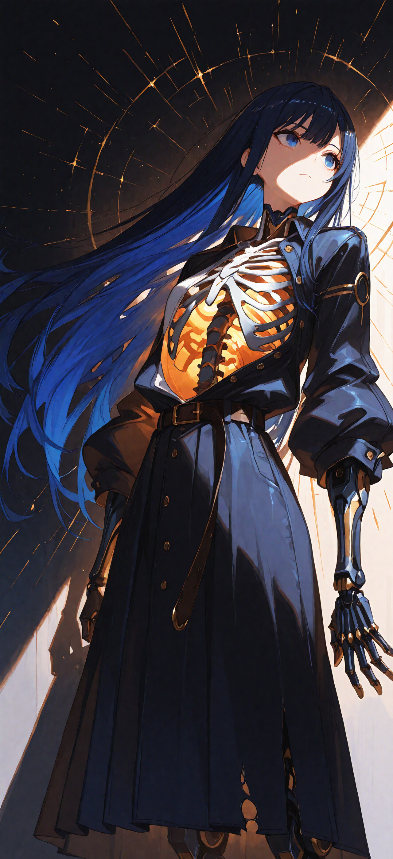 Une jeune fille cyborg au style manga, avec de longs cheveux bleu foncé, regarde vers le bas avec une expression sombre. Son torse est ouvert, révélant une cage thoracique mécanique blanche qui émet une lumière orange vive de l’intérieur. Elle porte une veste sombre ouverte et une jupe déchirée, le tout sur un fond sombre parsemé d’étincelles.