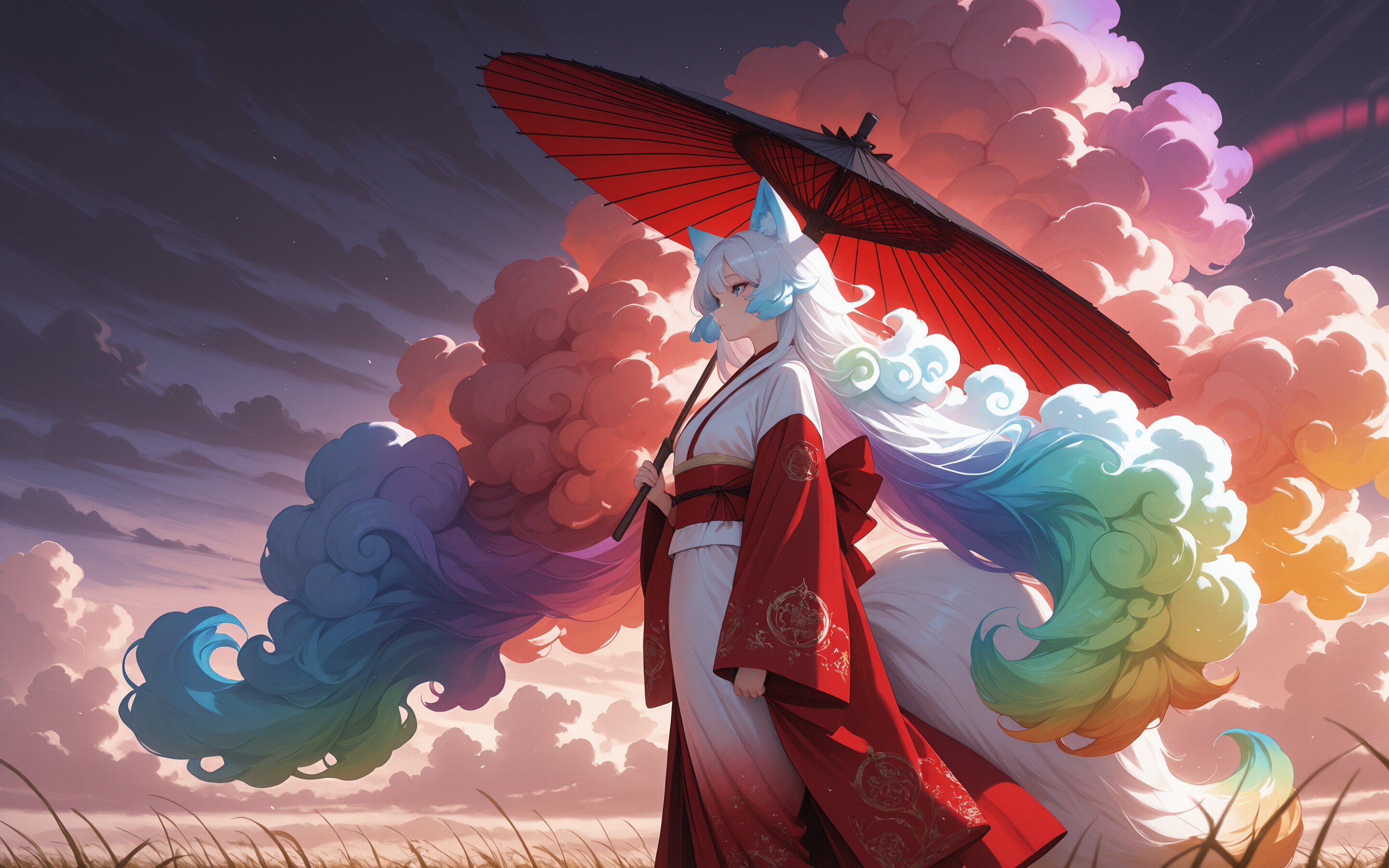 Une illustration de style manga représentant une kitsune (fille-renard) aux longs cheveux blancs et à la queue touffue et multicolore, tenant un parapluie rouge et noir et marchant dans un champ doré sous un ciel rempli d’énormes nuages aux couleurs de l’arc-en-ciel.