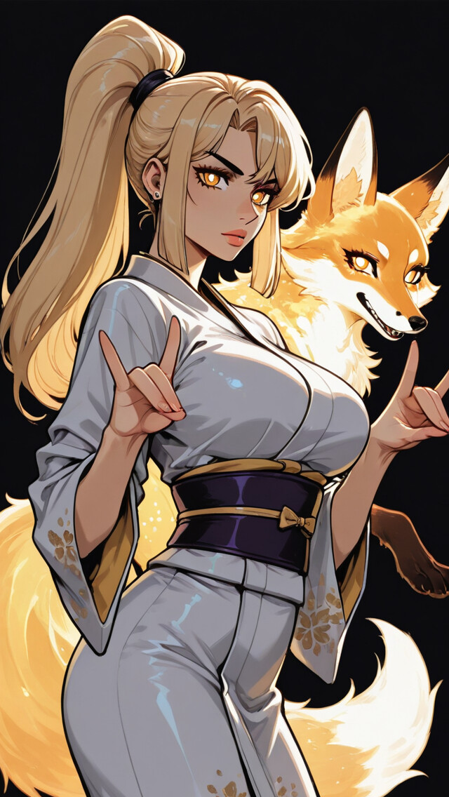 Une illustration de style manga représentant une femme blonde vêtue d’un kimono bleu, effectuant un geste de la main imitant une tête de renard, avec un renard rouge et un esprit de renard lumineux en arrière-plan.